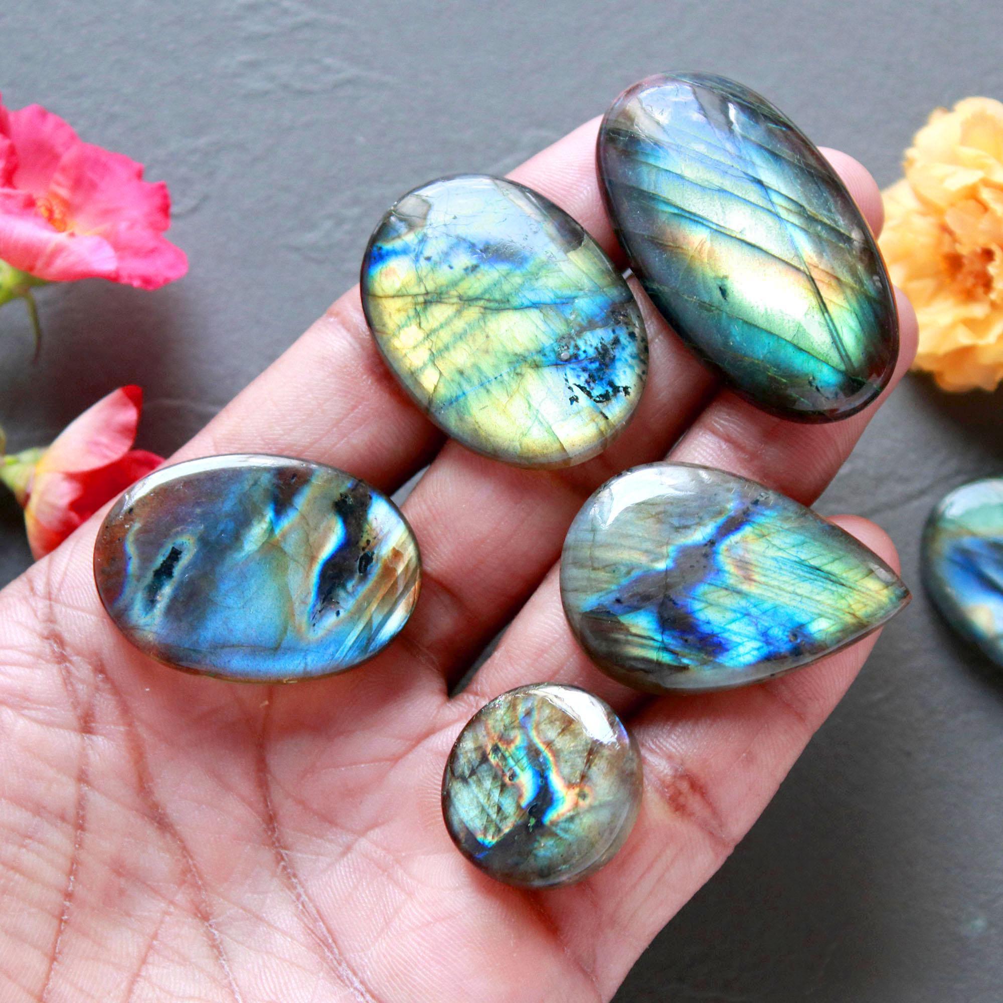 6Pcs 248Ct Natural Labradorite Mixed Shape Cabochon Loose Semi-Precious Multi Fire Crystal Gemstone Lot 40x20 19x19mm 16589