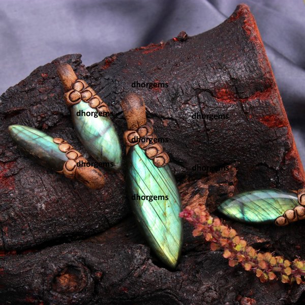4 Pcs 195CTS Natural Labradorite Polymer Clay Pendent  Wholesale Lot Size 69x19 44x11mm