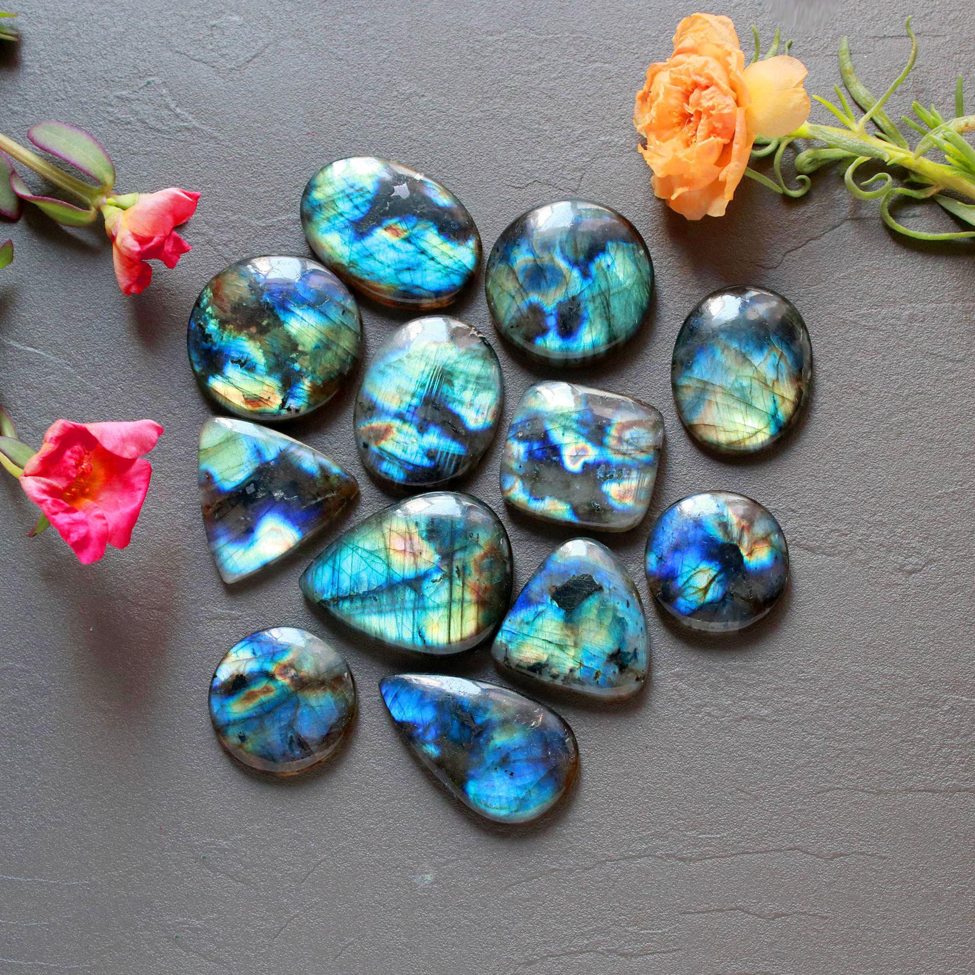 12Pcs 307Ct Natural Labradorite Mixed Shape Cabochon Loose Semi-Precious Multi Fire Crystal Gemstone Lot 30x24 21x24mm 16592