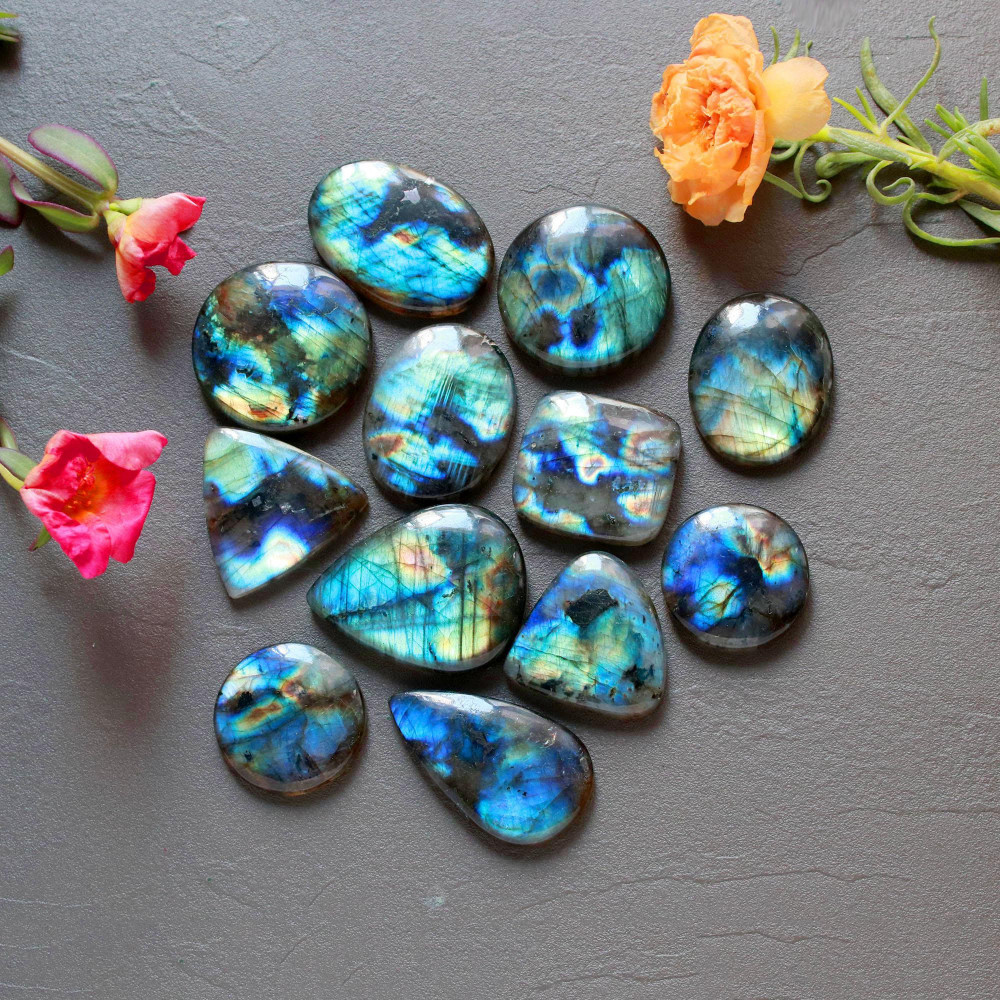Image of 12Pcs 307Ct Natural Labradorite Mixed Shape Cabochon Loose Semi-Precious Multi Fire Crystal Gemstone Lot 30x24 21x24mm #16592