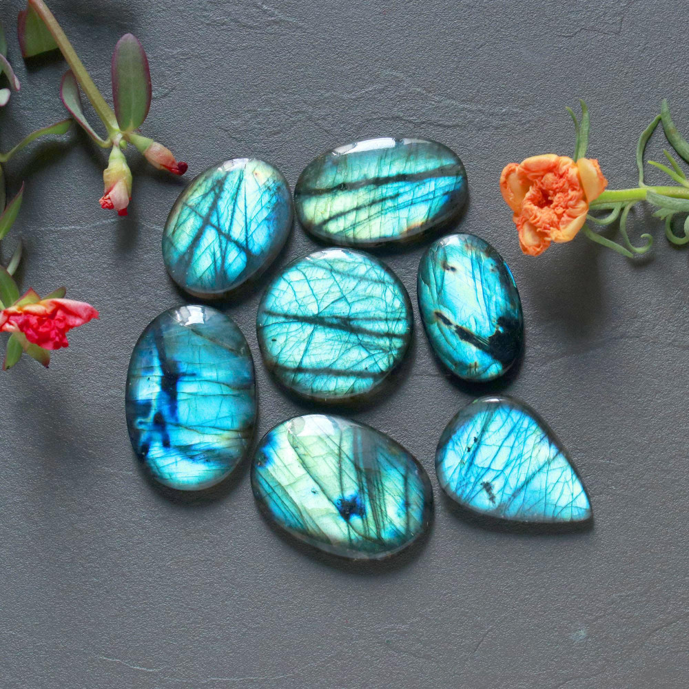Image of 7Pcs 192Ct Natural Labradorite Cabochon Loose Handmade Jewelry Making Wholesale Gemstone Lot 30x20 25x25mm #16600