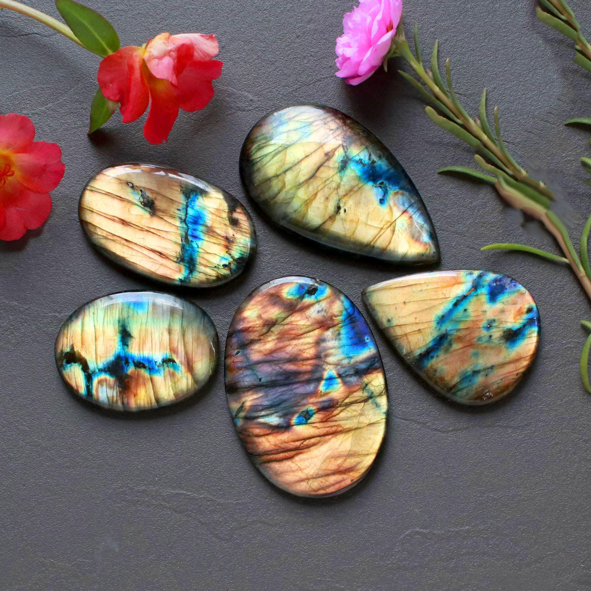 5Pcs 318Ct Natural Labradorite Cabochon Loose Handmade Jewelry Making Wholesale Gemstone Lot 48x31 35x25mm 16601