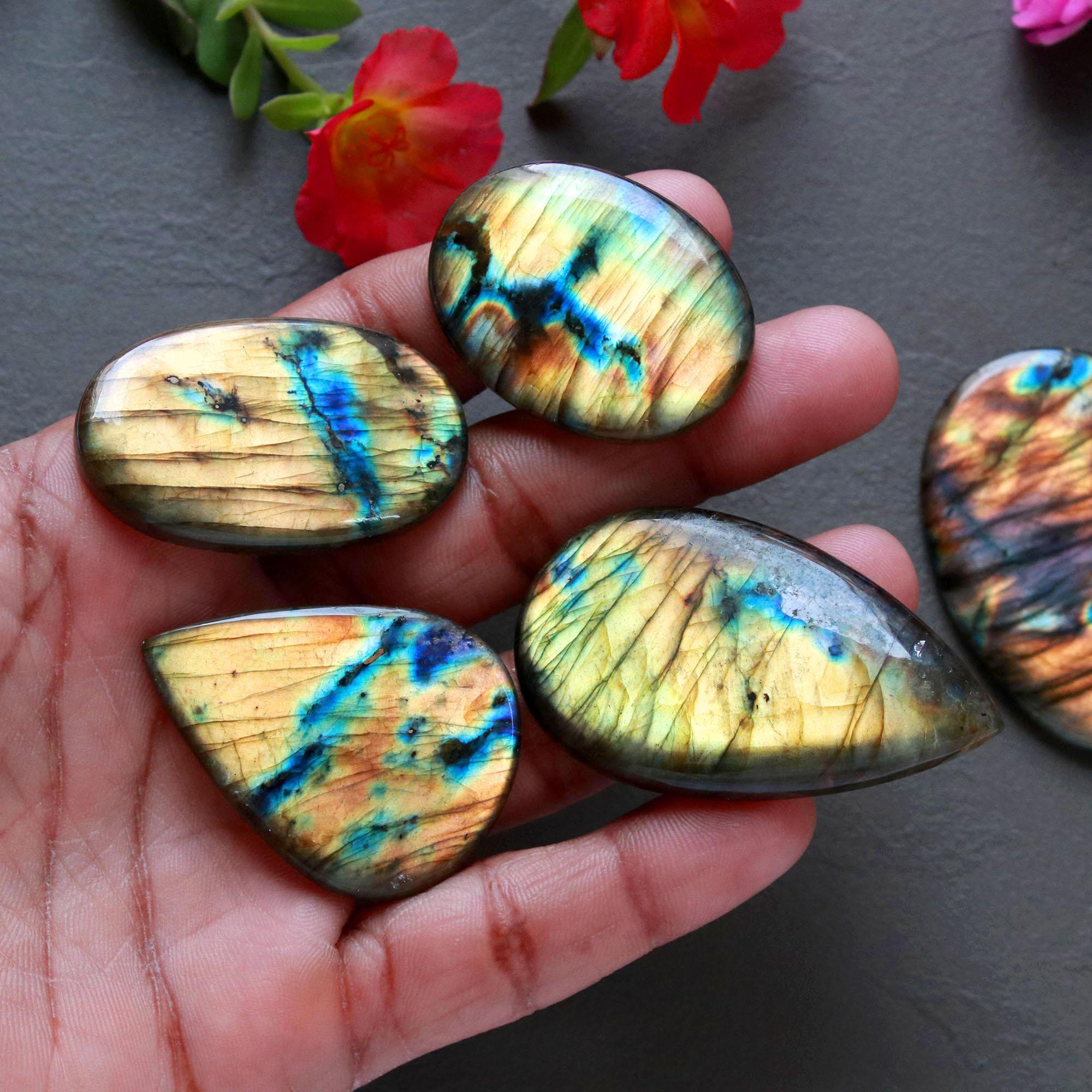 5Pcs 318Ct Natural Labradorite Cabochon Loose Handmade Jewelry Making Wholesale Gemstone Lot 48x31 35x25mm 16601