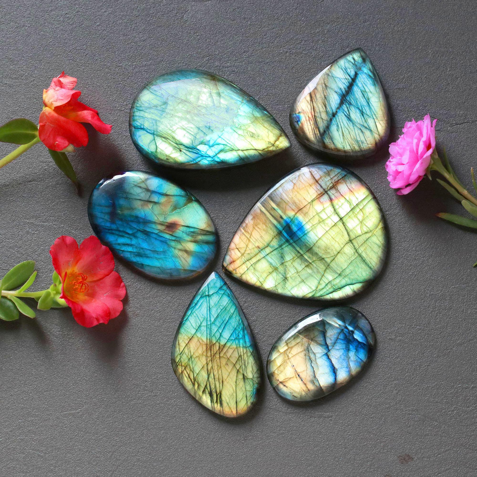 6Pcs 357Ct Natural Labradorite Cabochon Loose Handmade Jewelry Making Wholesale Gemstone Lot 50x40 33x21mm 16603