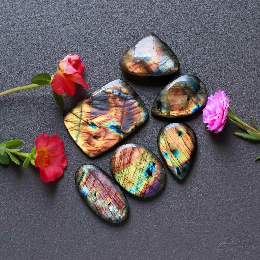 Image of 6Pcs 308Ct Natural Labradorite Cabochon Loose Handmade Jewelry Making Wholesale Gemstone Lot 45x30 35x28mm #16606