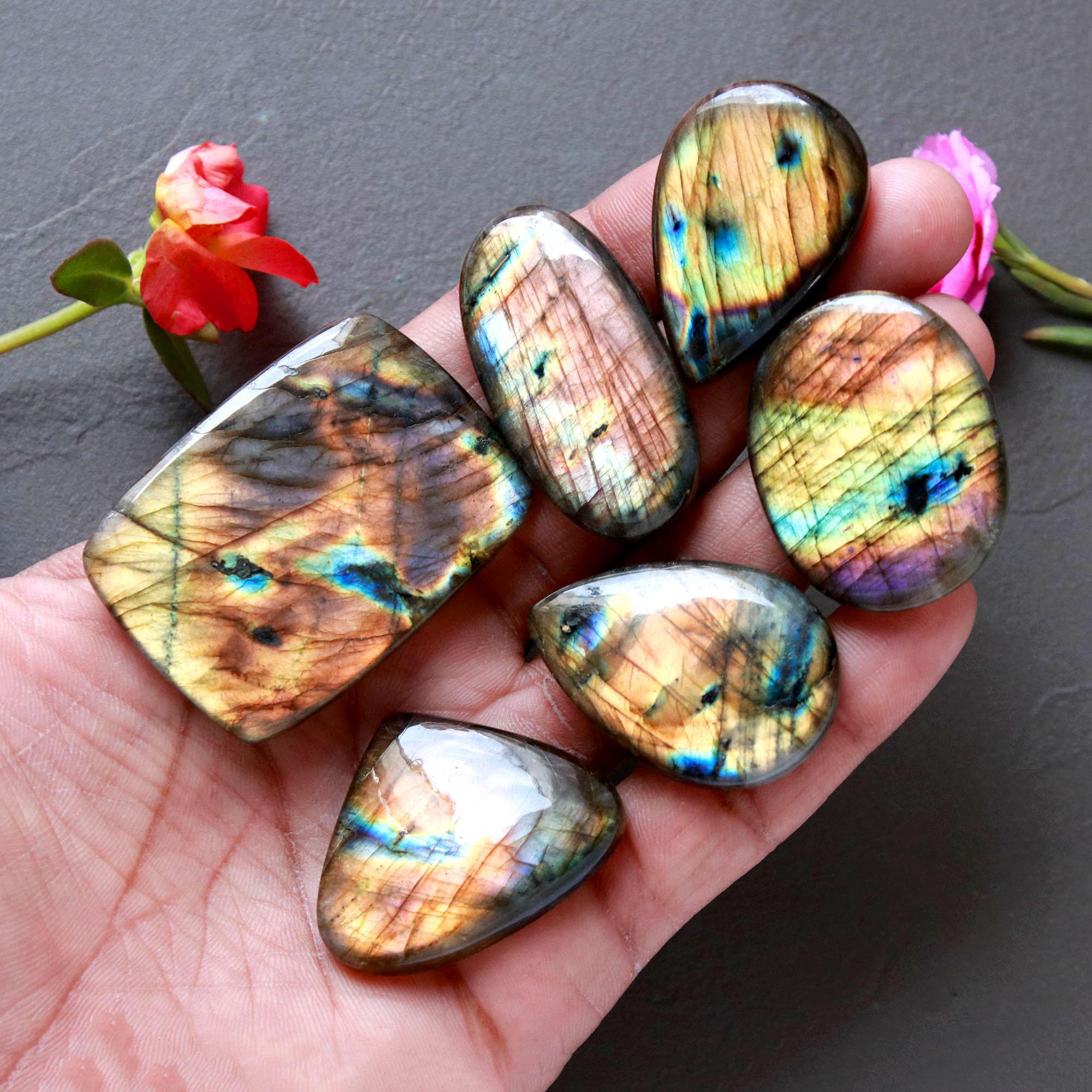 6Pcs 308Ct Natural Labradorite Cabochon Loose Handmade Jewelry Making Wholesale Gemstone Lot 45x30 35x28mm 16606