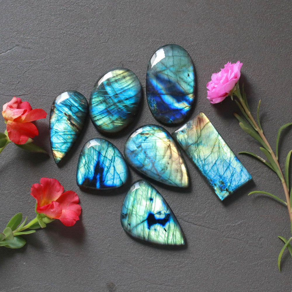Image of 7Pcs 322Ct Natural Labradorite Cabochon Loose Handmade Jewelry Making Wholesale Gemstone Lot 40x17 26x20mm #16608