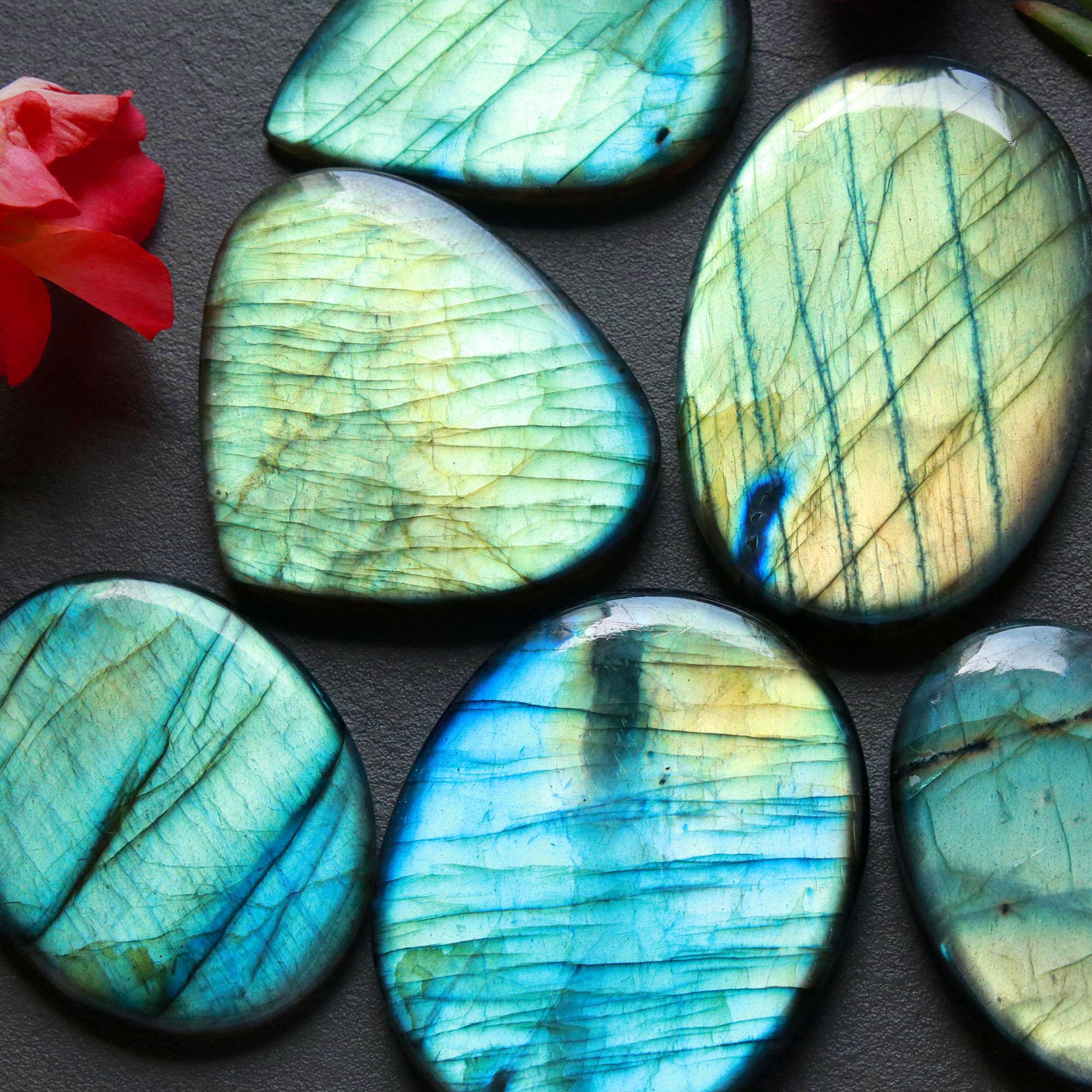 6Pcs 367Ct Natural Labradorite Cabochon Loose Handmade Jewelry Making Wholesale Gemstone Lot 41x28 32x22mm 16609