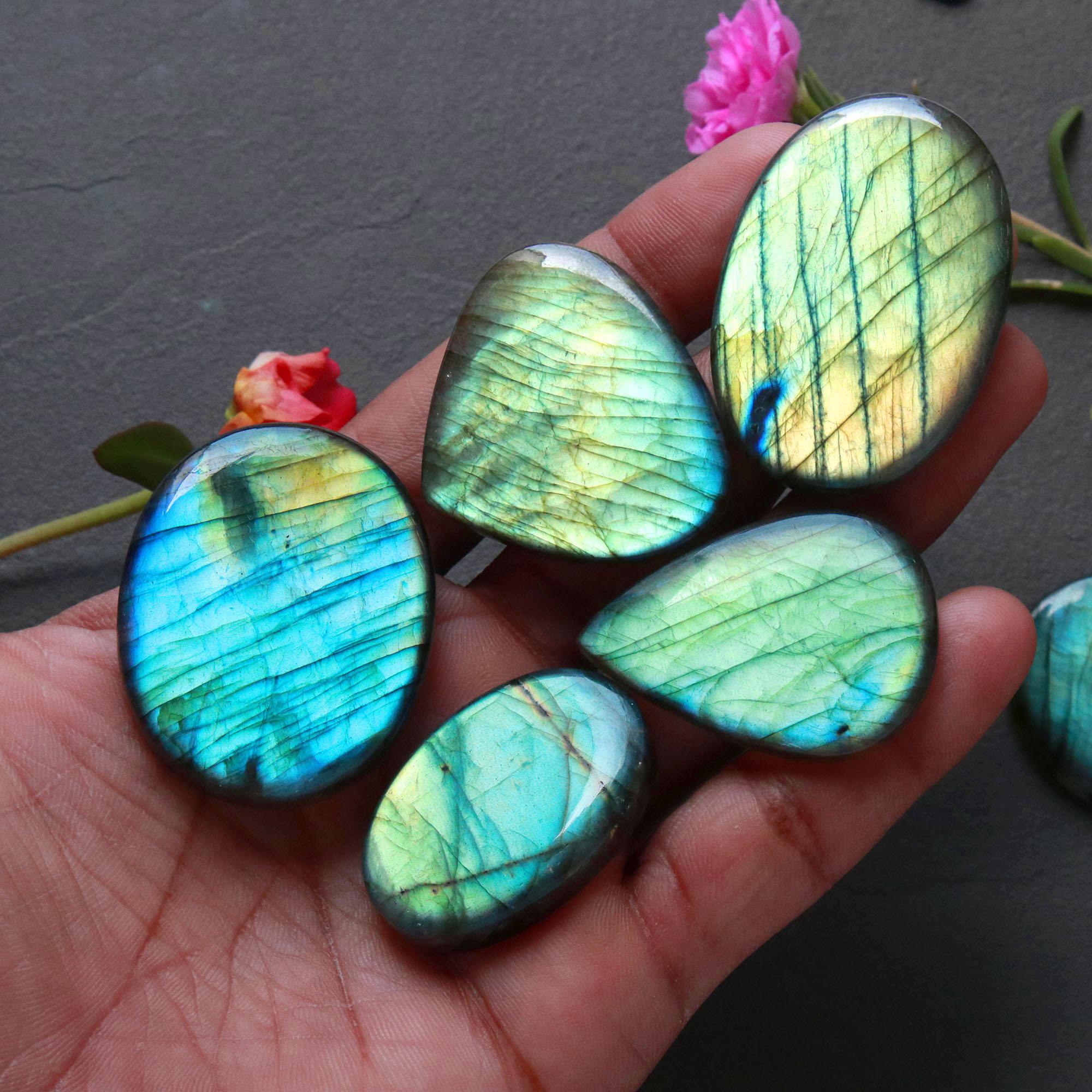 6Pcs 367Ct Natural Labradorite Cabochon Loose Handmade Jewelry Making Wholesale Gemstone Lot 41x28 32x22mm 16609