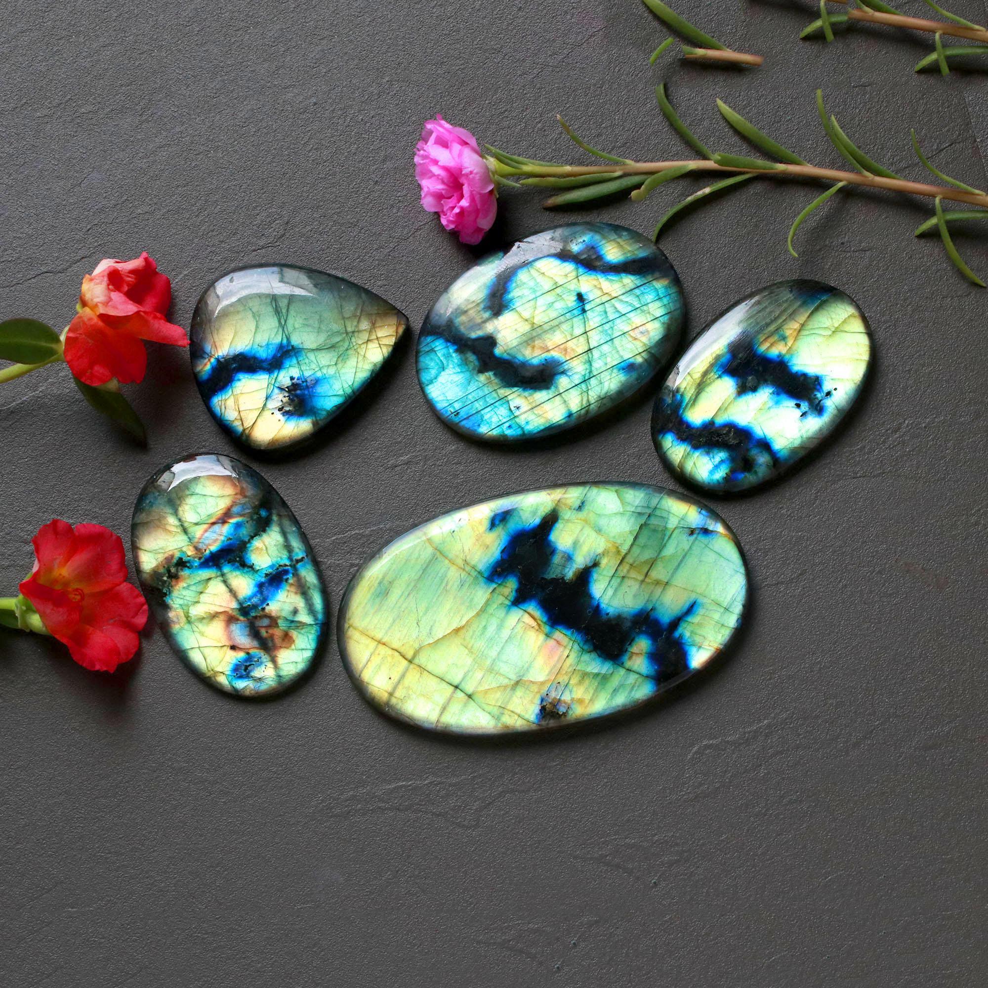 5Pcs 439Ct Natural Labradorite Cabochon Loose Handmade Jewelry Making Wholesale Gemstone Lot 70x35 38x32mm 16613