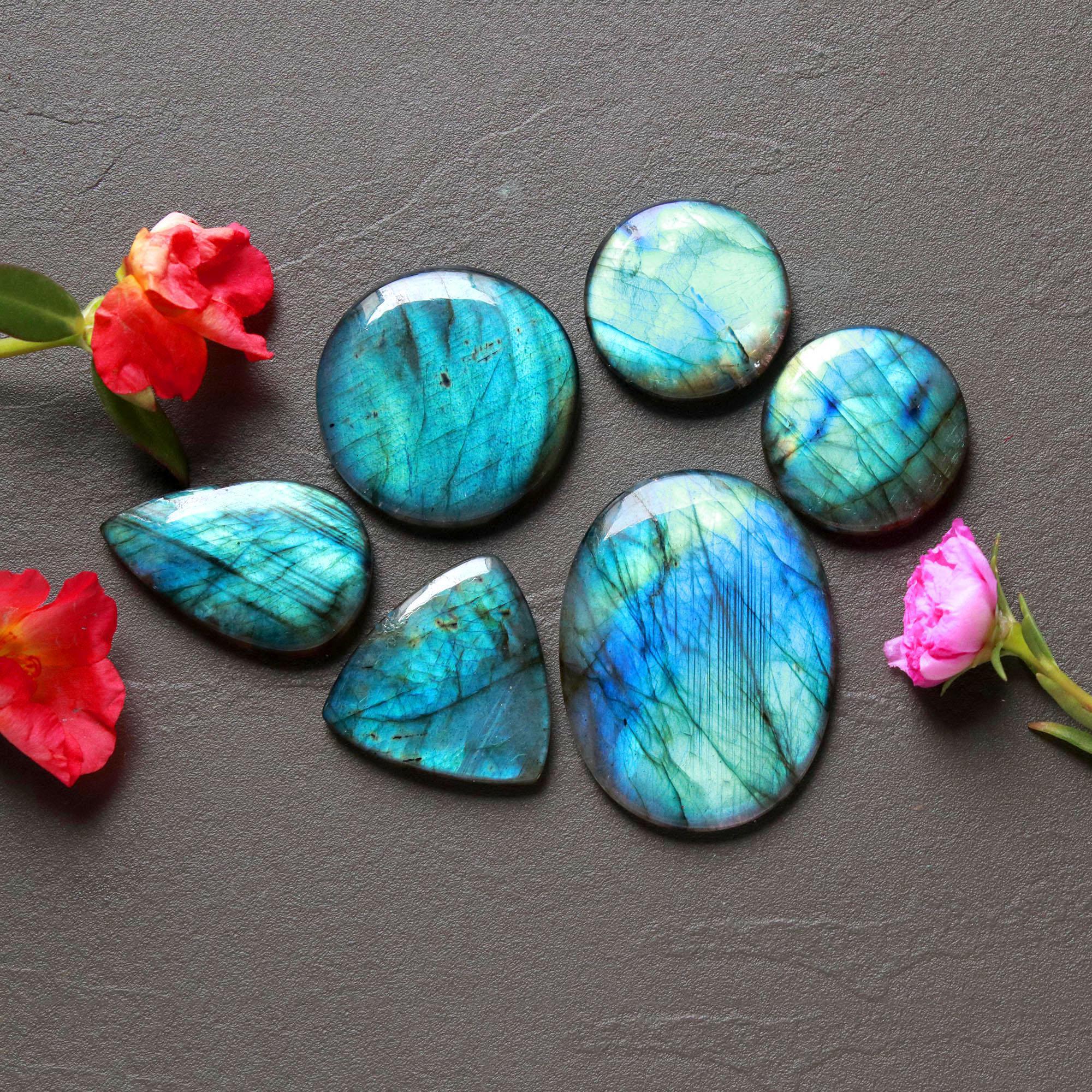 6Pcs 199Ct Natural Labradorite Cabochon Loose Handmade Jewelry Making Wholesale Gemstone Lot 40x30 23x23mm 16617