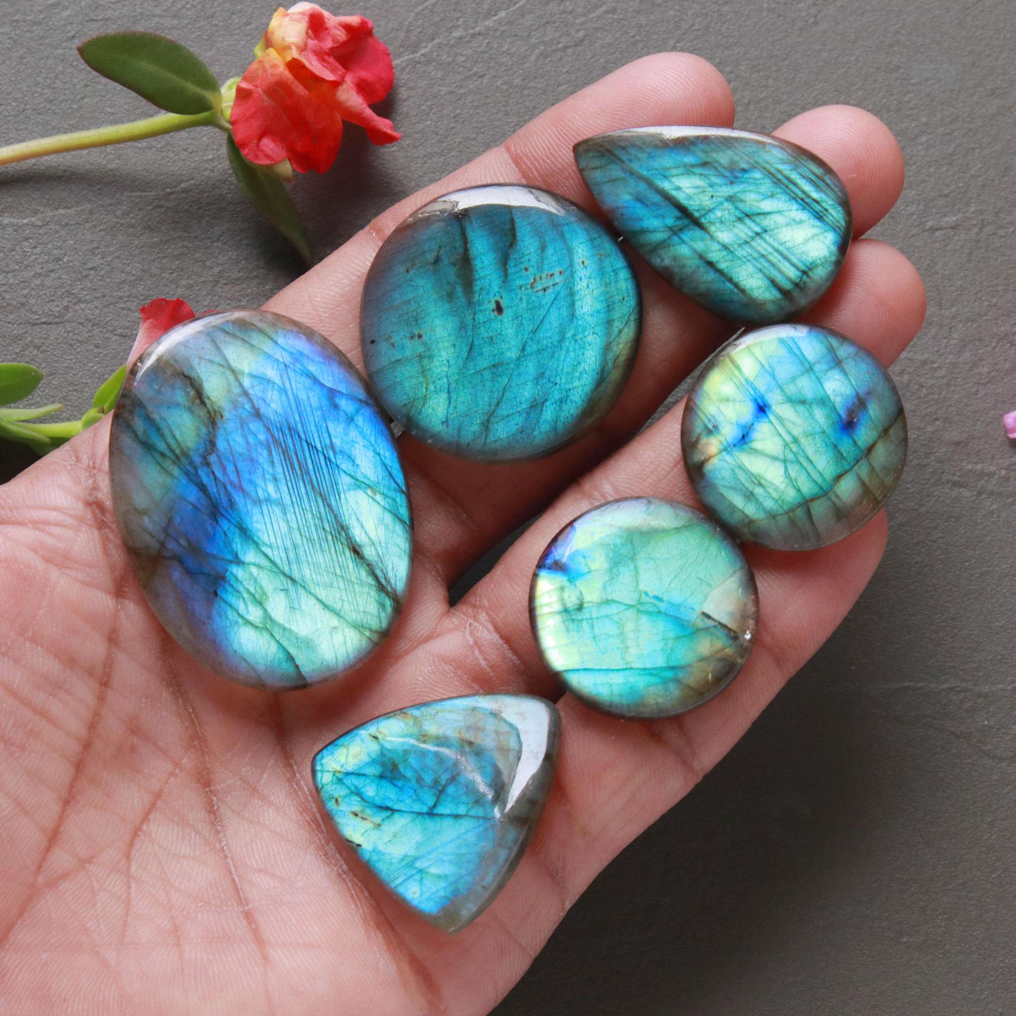 6Pcs 199Ct Natural Labradorite Cabochon Loose Handmade Jewelry Making Wholesale Gemstone Lot 40x30 23x23mm 16617