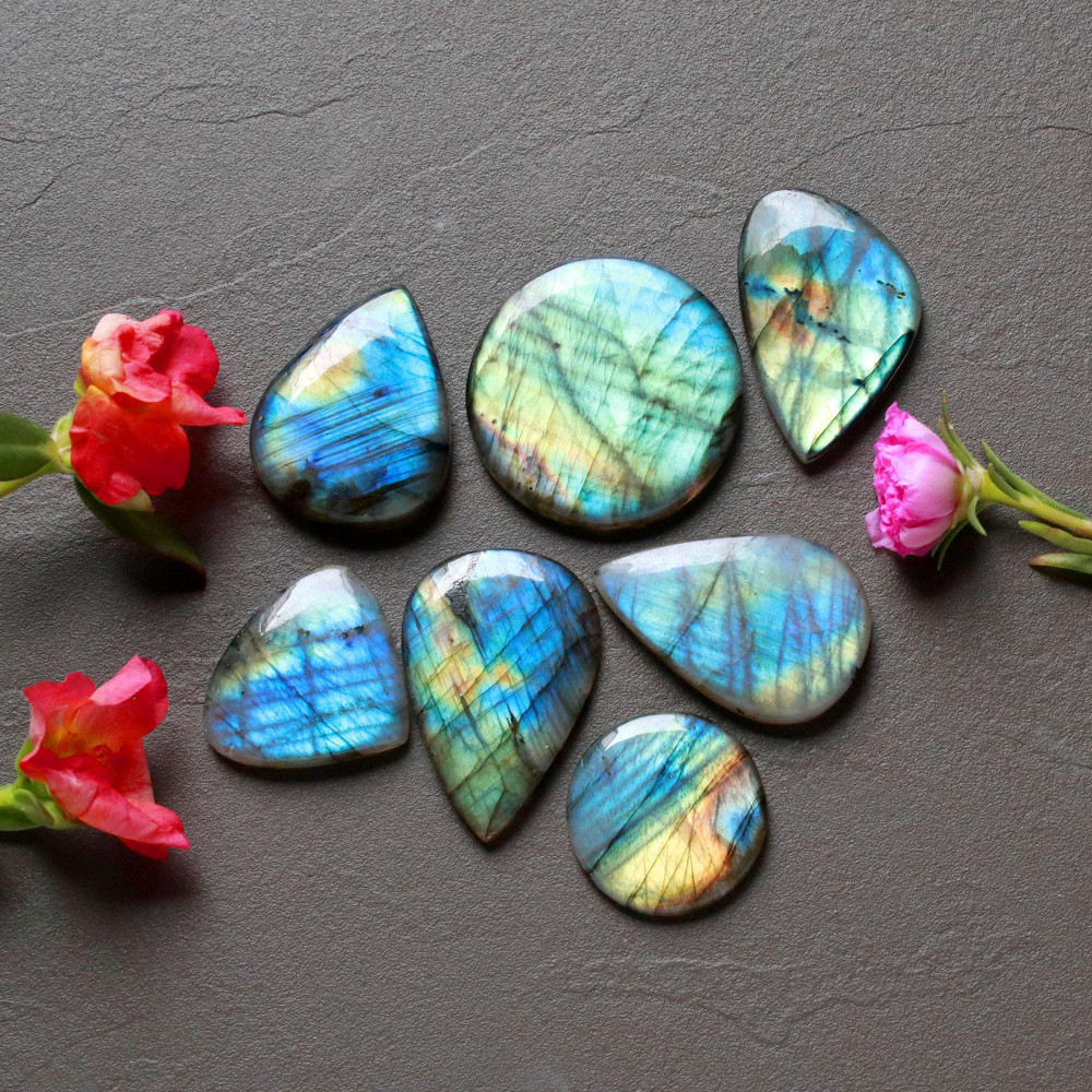 Image of 7Pcs 187Ct Natural Labradorite Cabochon Mix Shape Jewelry Making Healing Crystal Craft Supplies 30x30 20x20mm #16618