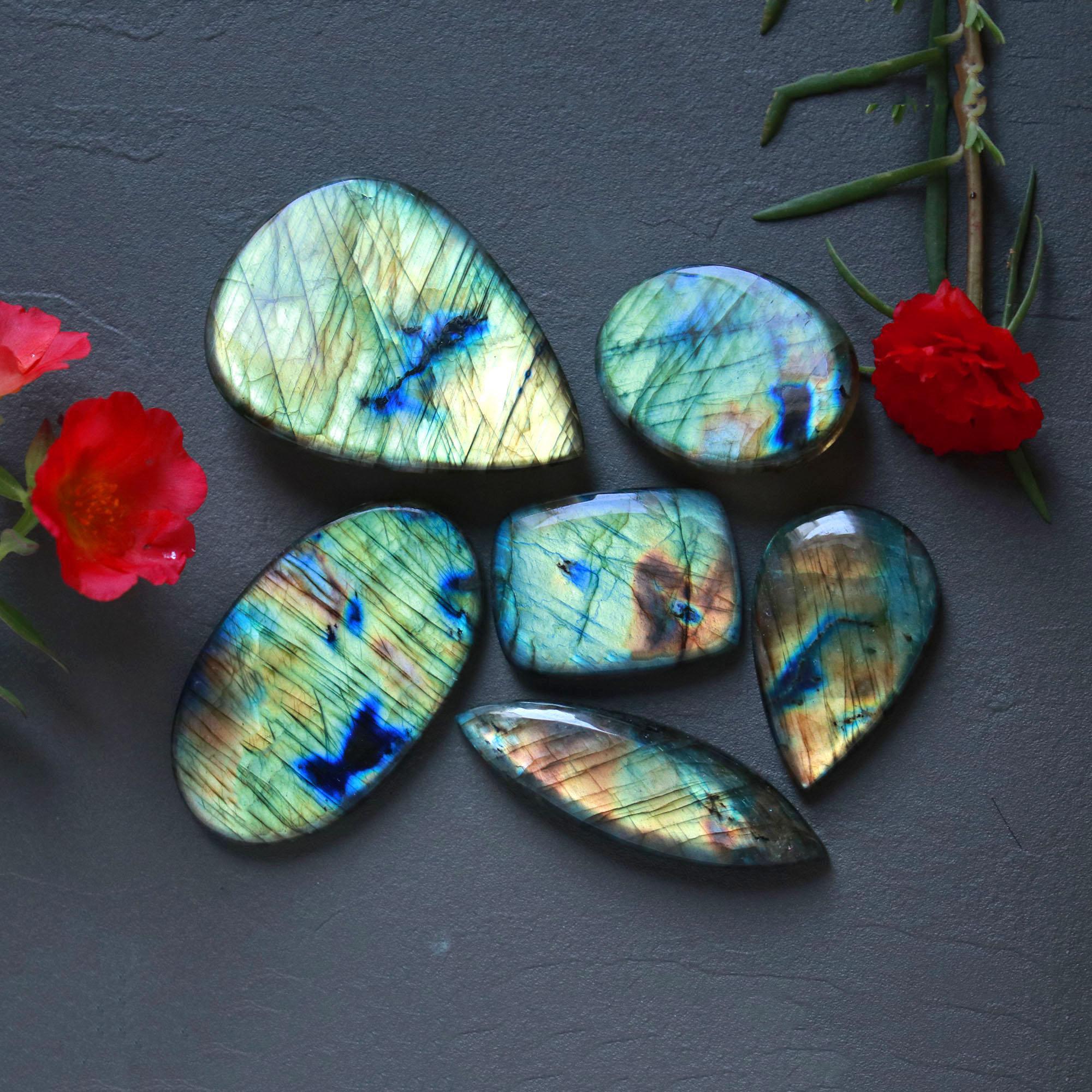 6Pcs 404Ct Natural Labradorite Cabochon Mix Shape Jewelry Making Healing Crystal Craft Supplies 55x40 33x24mm 16624