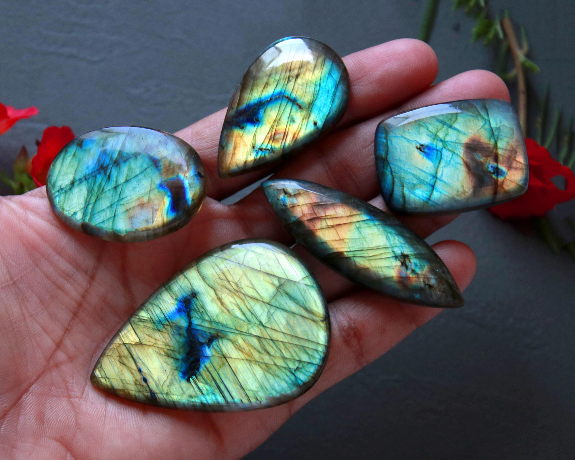 6Pcs 404Ct Natural Labradorite Cabochon Mix Shape Jewelry Making Healing Crystal Craft Supplies 55x40 33x24mm 16624