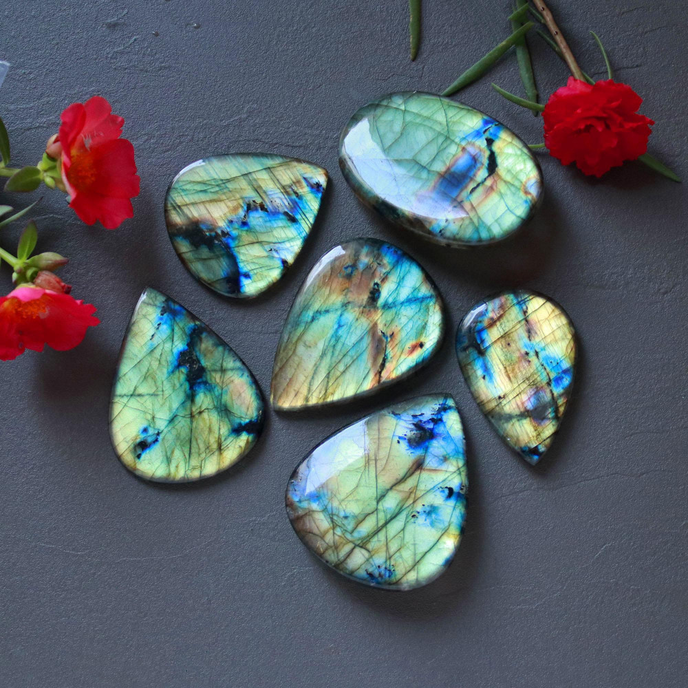 Image of 6Pcs 436Ct Natural Labradorite Cabochon Mix Shape Jewelry Making Healing Crystal Craft Supplies 48x40 39x25mm #16625