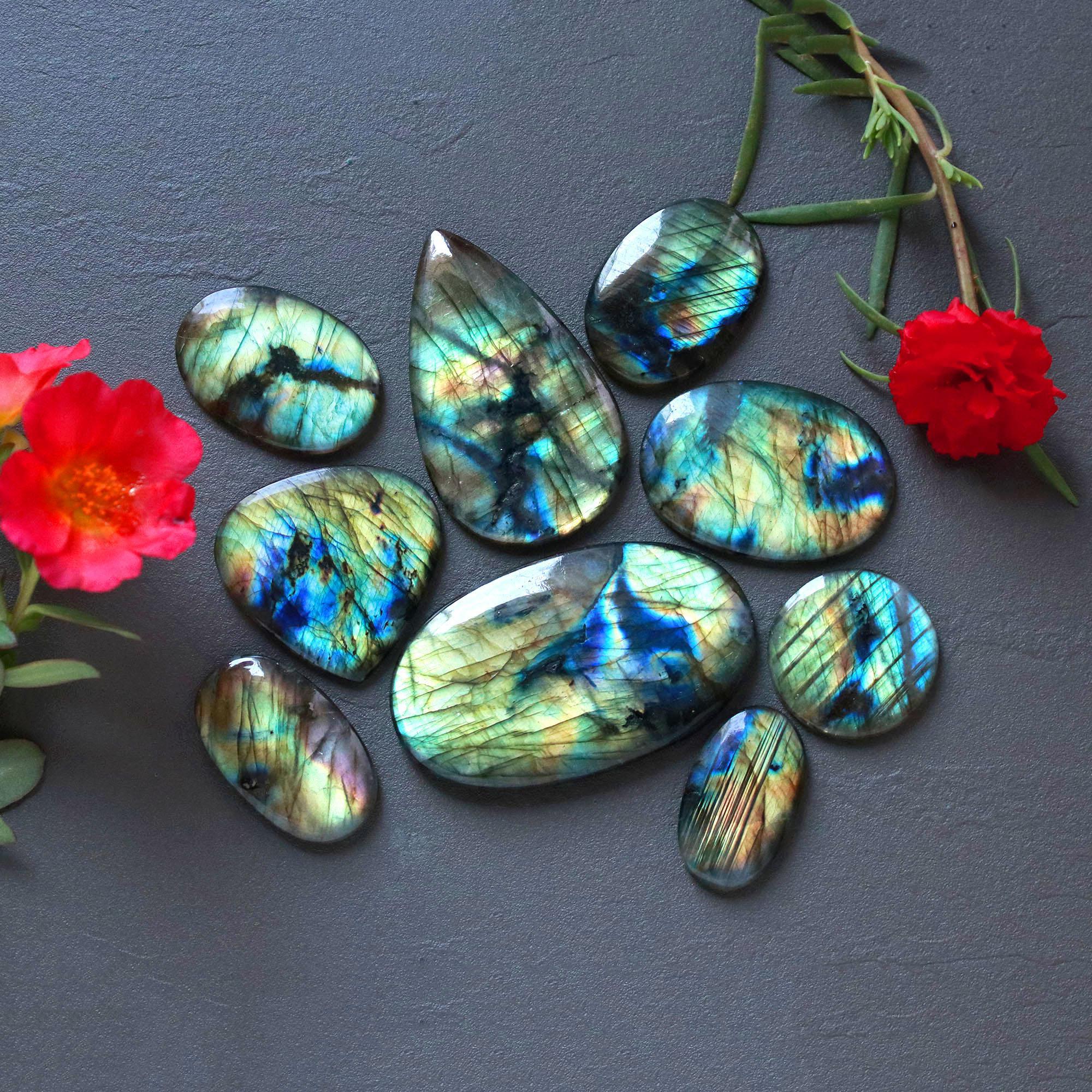 9Pcs 333Ct Natural Labradorite Cabochon Mix Shape Jewelry Making Healing Crystal Craft Supplies 53x30 25x15mm 16628