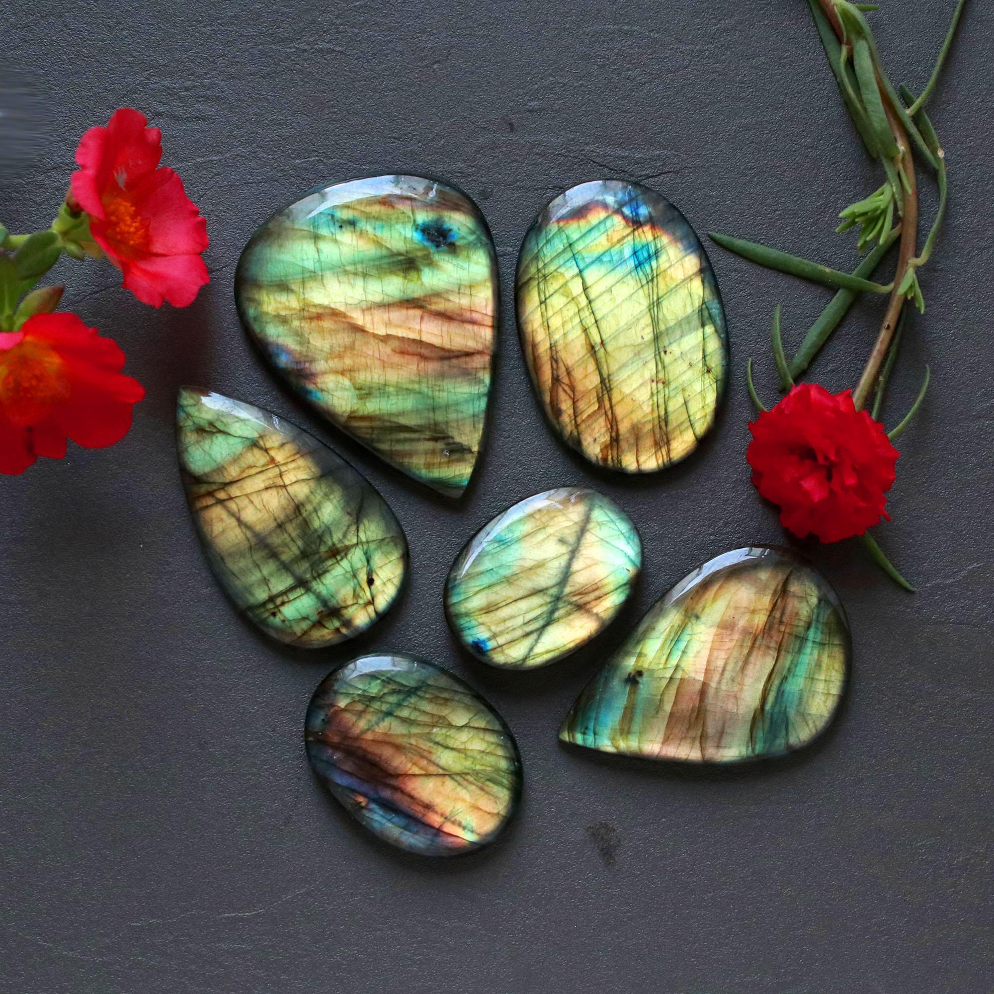 6Pcs 388Ct Natural Labradorite Cabochon Mix Shape Jewelry Making Healing Crystal Craft Supplies 52x40 30x22mm 16631