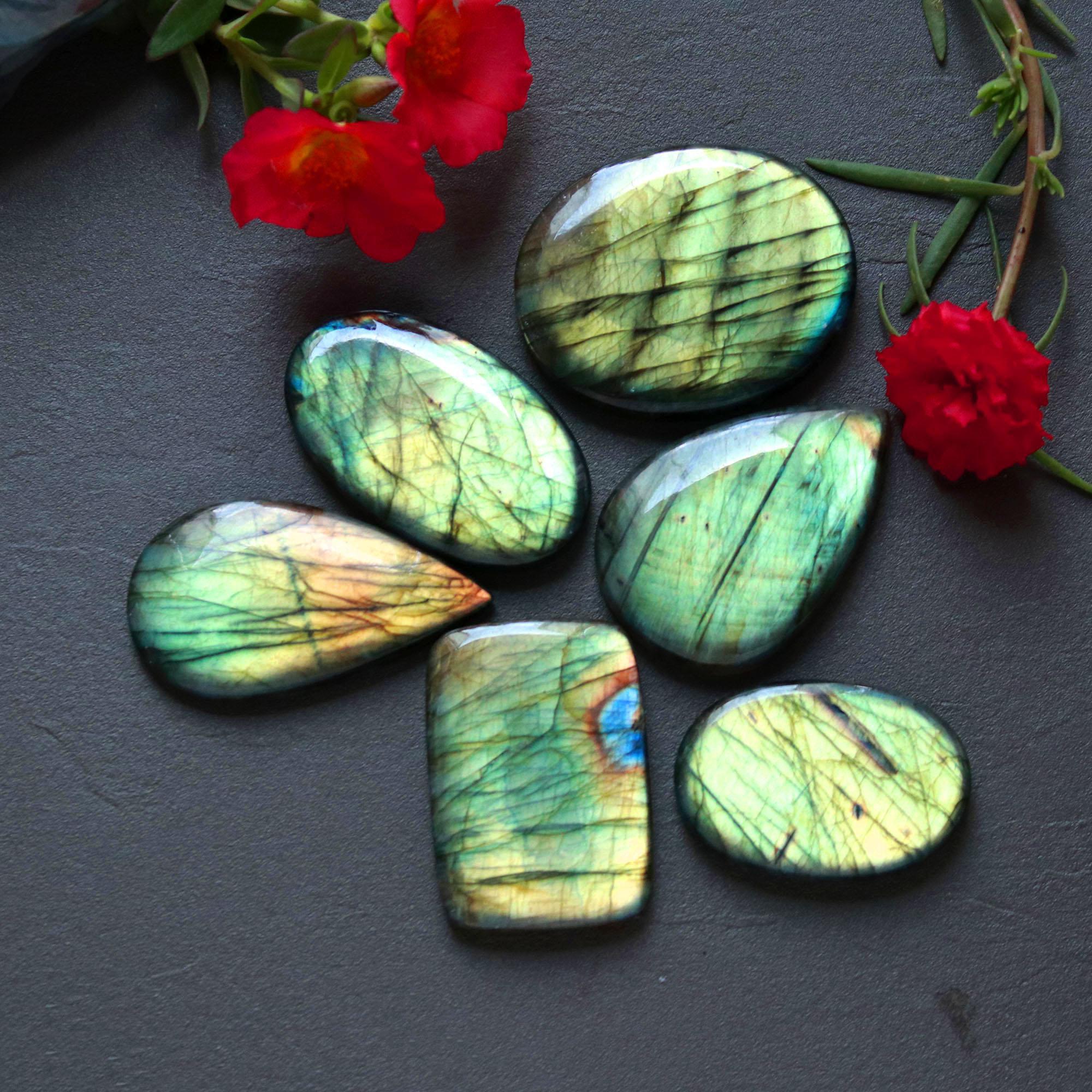 6Pcs 450Ct Natural Labradorite Cabochon Mix Shape Jewelry Making Healing Crystal Craft Supplies 44x35 35x25mm 16635