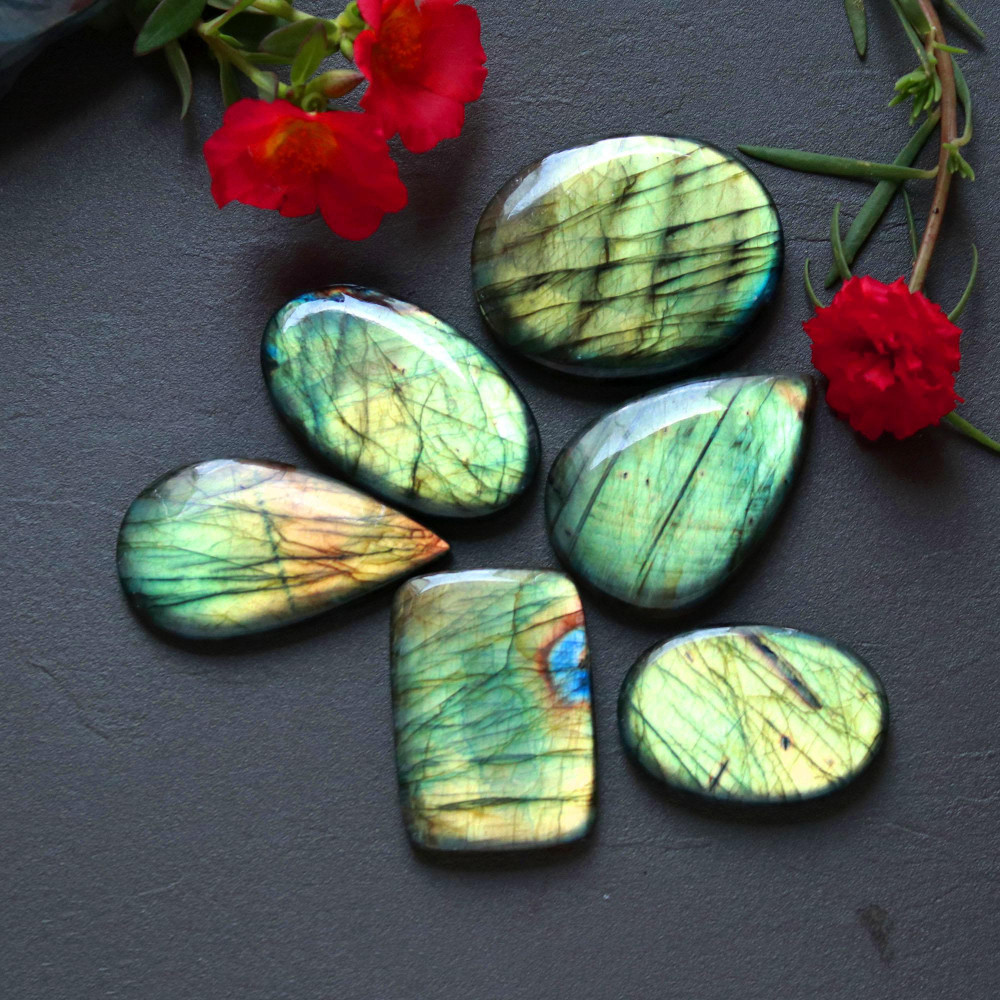 Image of 6Pcs 450Ct Natural Labradorite Cabochon Mix Shape Jewelry Making Healing Crystal Craft Supplies 44x35 35x25mm #16635