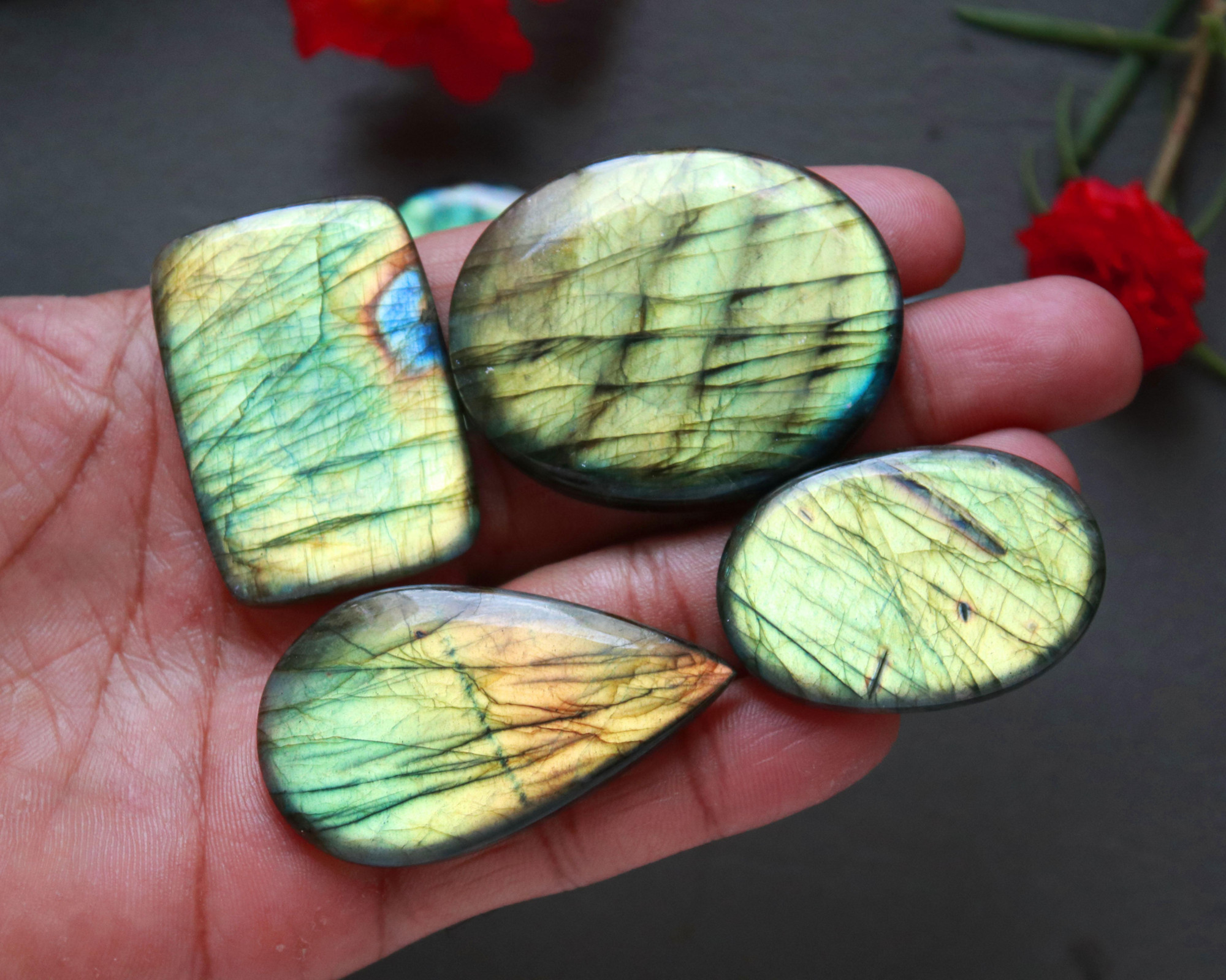 6Pcs 450Ct Natural Labradorite Cabochon Mix Shape Jewelry Making Healing Crystal Craft Supplies 44x35 35x25mm 16635