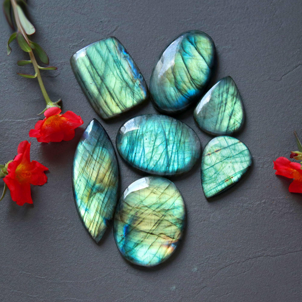 Image of 7Pcs 434Ct Natural Labradorite Cabochon Mix Shape Jewelry Making Healing Crystal Craft Supplies 60x20 32x23mm #16636