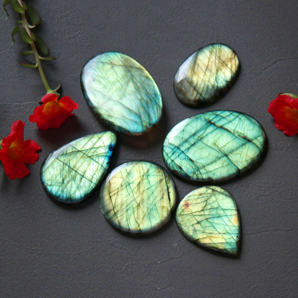 Image of 6Pcs 427Ct Natural Labradorite Cabochon Mix Shape Jewelry Making Healing Crystal Craft Supplies 53x35 39x30mm #16640