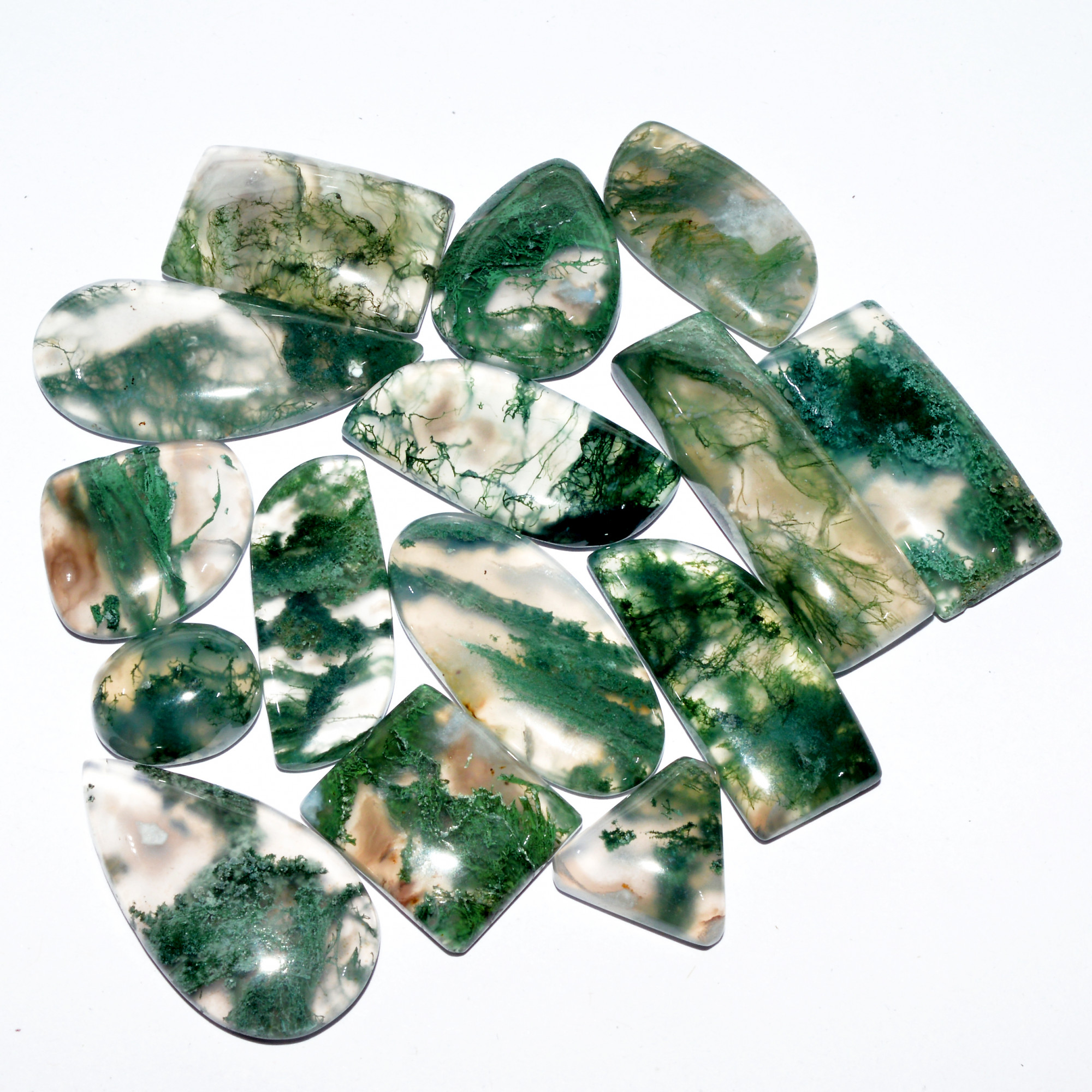 15 Pcs 208 Cts Natural Green Moss Agate Cabochon Mixed Shapes And Sizes Bohemian Jewelry Pendant Making Gemstone Lot 30x9 11x10mm 16644