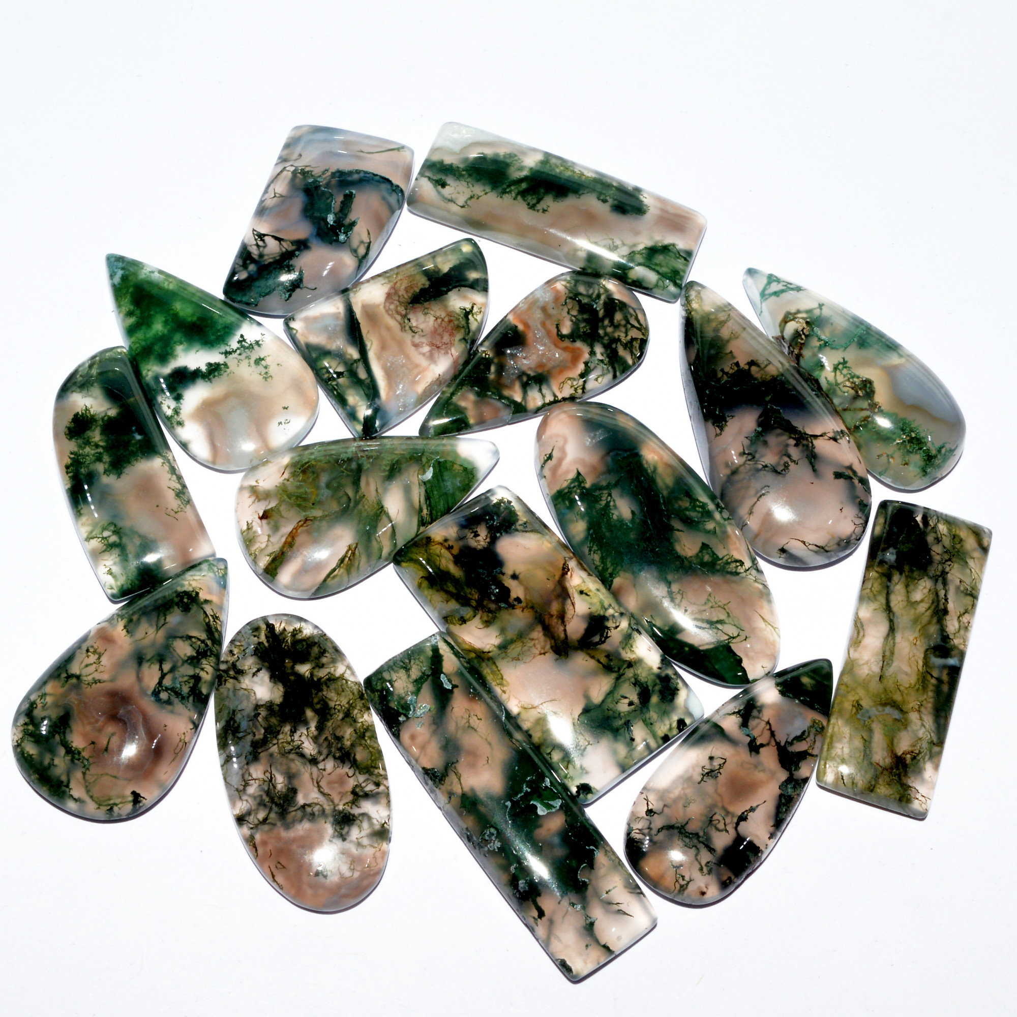 16 Pcs 280 Cts Natural Green Moss Agate Cabochon Mixed Shapes And Sizes Bohemian Jewelry Pendant Making Gemstone Lot 32x14 20x14mm 16646