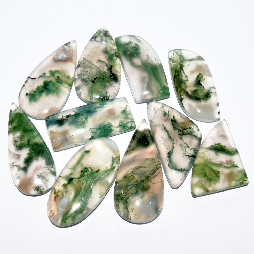 Image of 10 Pcs 184 Cts Natural Green Moss Agate Cabochon Mixed Shapes And Sizes Bohemian Jewelry Pendant Making Gemstone Lot 34x14 26x15mm #16647
