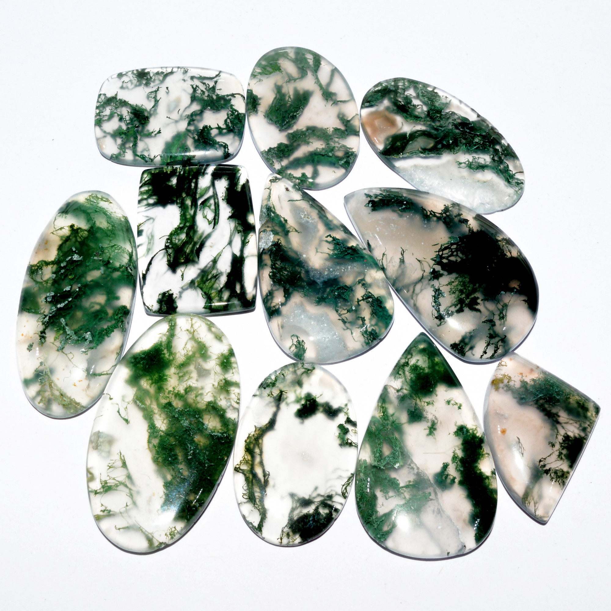11 Pcs 210 Cts Natural Green Moss Agate Cabochon Mixed Shapes And Sizes Bohemian Jewelry Pendant Making Gemstone Lot 33x18 22x15mm 16649