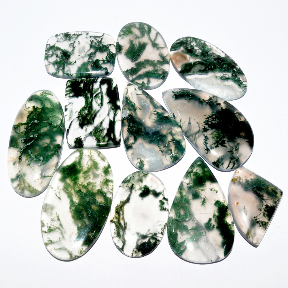 Image of 11 Pcs 210 Cts Natural Green Moss Agate Cabochon Mixed Shapes And Sizes Bohemian Jewelry Pendant Making Gemstone Lot 33x18 22x15mm #16649