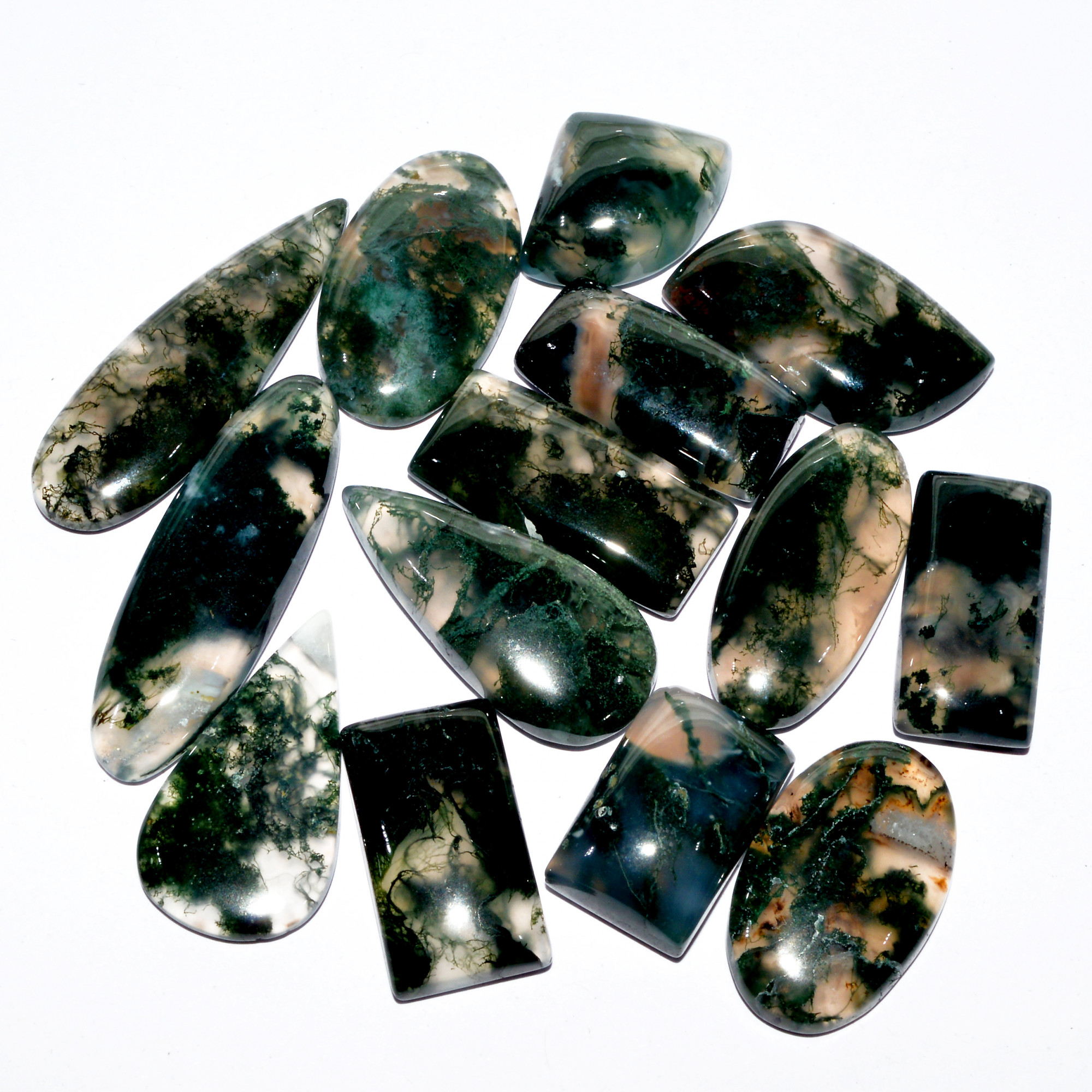 14 Pcs 227 Cts Natural Green Moss Agate Cabochon Mixed Shapes And Sizes Bohemian Jewelry Pendant Making Gemstone Lot 36x10 16x10mm 16650
