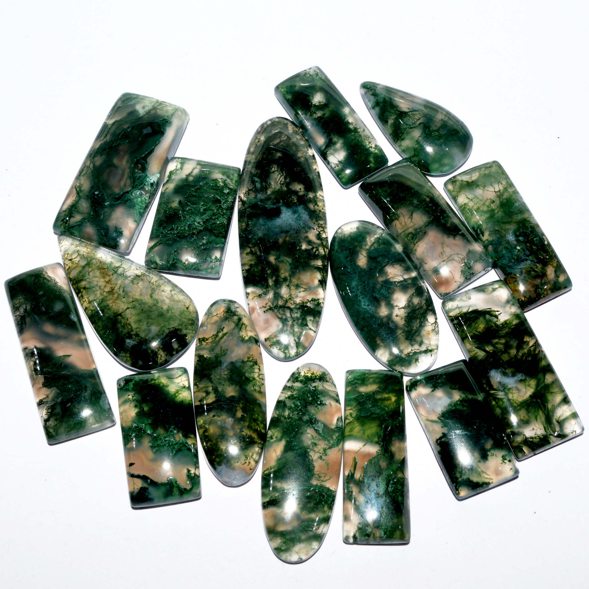 16 Pcs 269 Cts Natural Green Moss Agate Cabochon Mixed Shapes And Sizes Bohemian Jewelry Pendant Making Gemstone Lot 45x14 20x10mm 16651