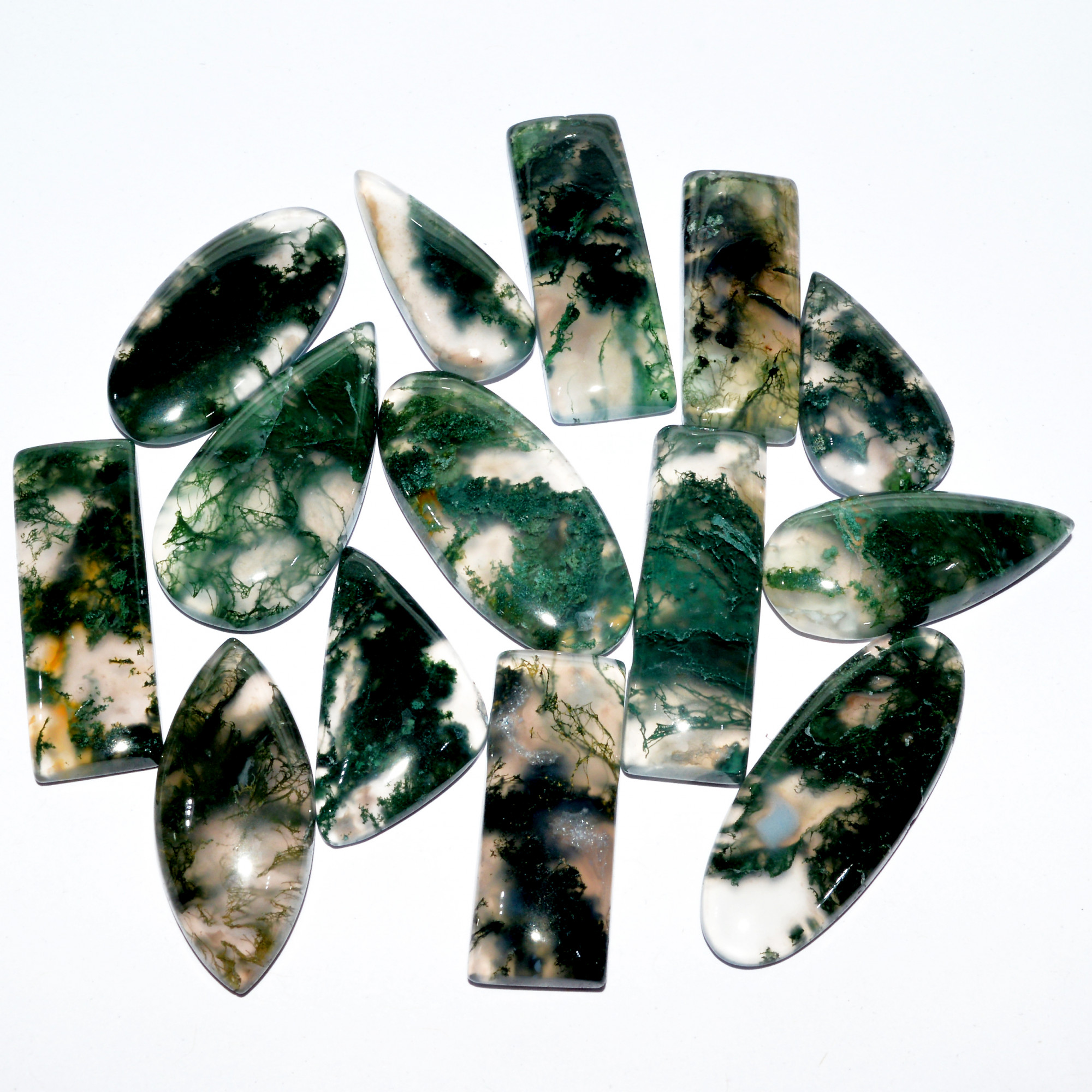 14 Pcs 258 Cts Natural Green Moss Agate Cabochon Mixed Shapes And Sizes Bohemian Jewelry Pendant Making Gemstone Lot 37x14 15x15mm 16652