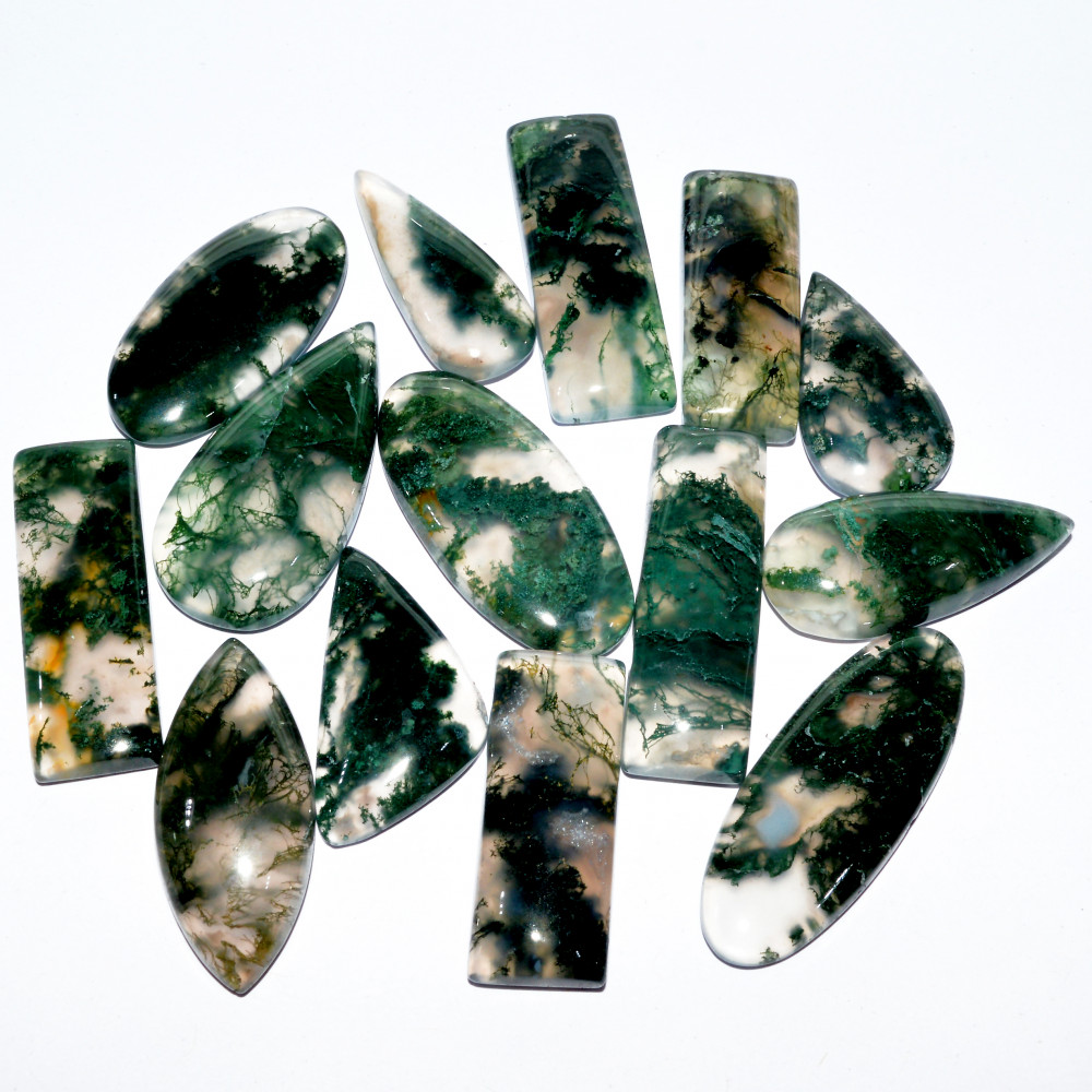 Image of 14 Pcs 258 Cts Natural Green Moss Agate Cabochon Mixed Shapes And Sizes Bohemian Jewelry Pendant Making Gemstone Lot 37x14 15x15mm #16652