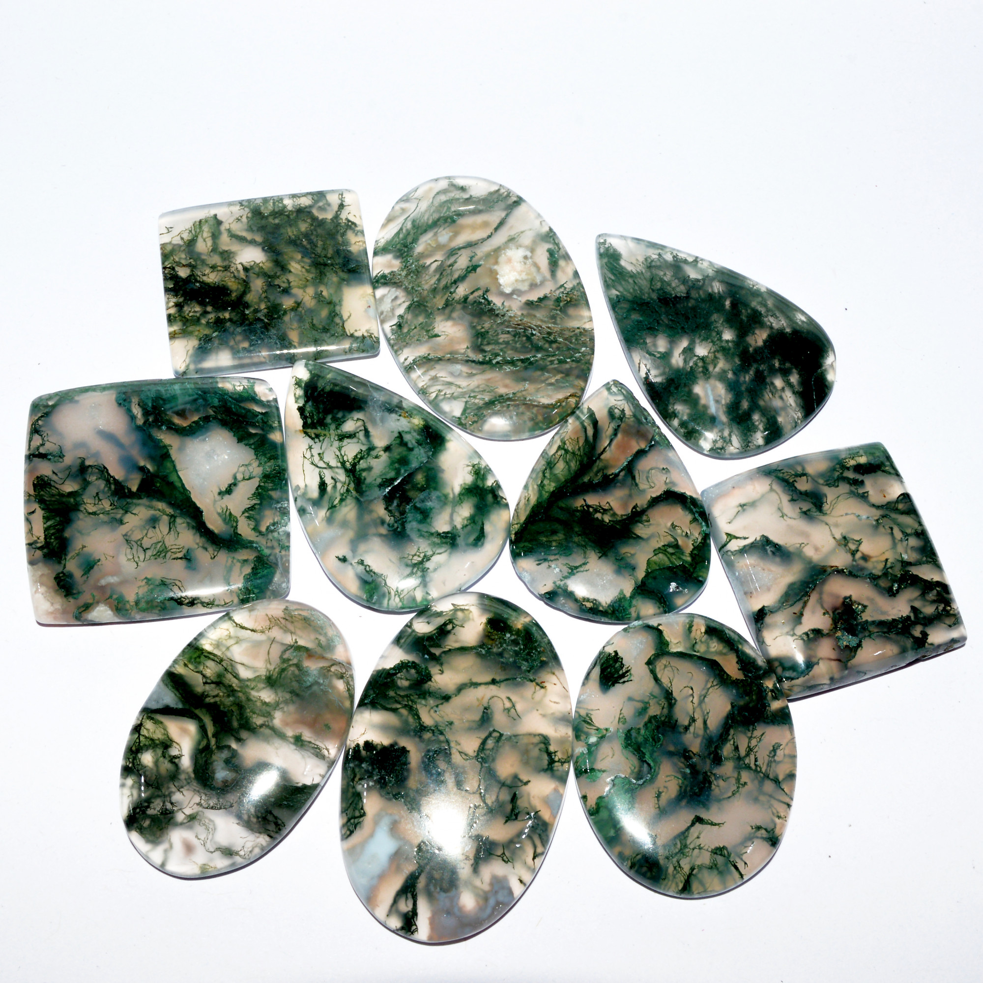 10 Pcs 336 Cts Natural Green Moss Agate Cabochon Mixed Shapes And Sizes Bohemian Jewelry Pendant Making Gemstone Lot 37x23 30x21mm 16653