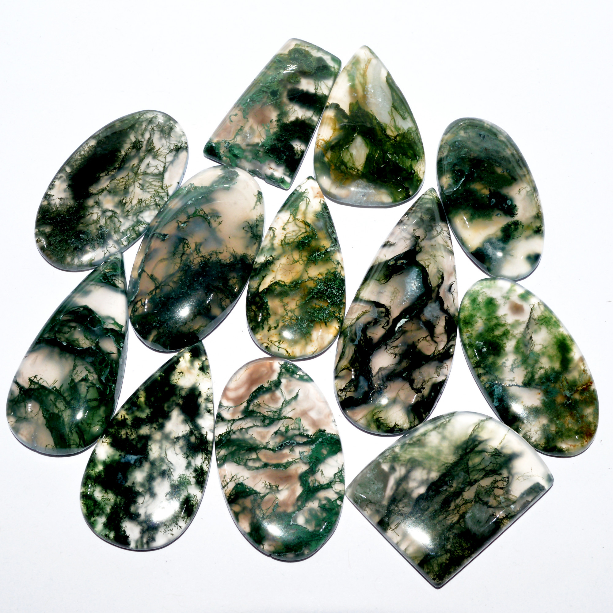 12 Pcs 313 Cts Natural Green Moss Agate Cabochon Mixed Shapes And Sizes Bohemian Jewelry Pendant Making Gemstone Lot 45x17 25x20mm 16654