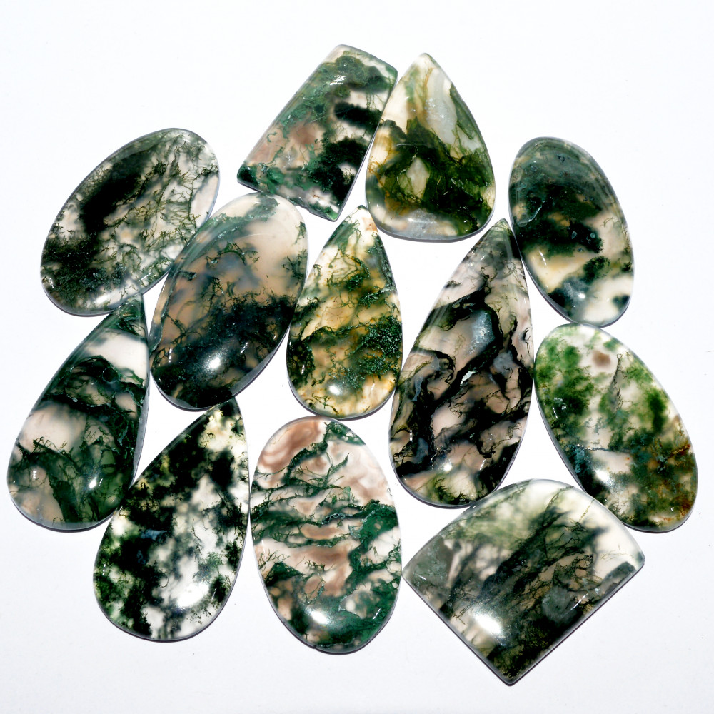Image of 12 Pcs 313 Cts Natural Green Moss Agate Cabochon Mixed Shapes And Sizes Bohemian Jewelry Pendant Making Gemstone Lot 45x17 25x20mm #16654