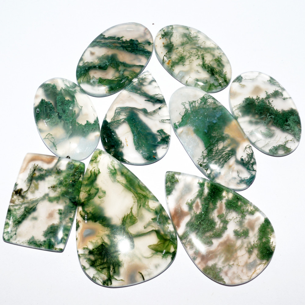 Image of 9 Pcs 331 Cts Natural Green Moss Agate Cabochon Mixed Shapes And Sizes Bohemian Jewelry Pendant Making Gemstone Lot 45x30 30x20mm #16655