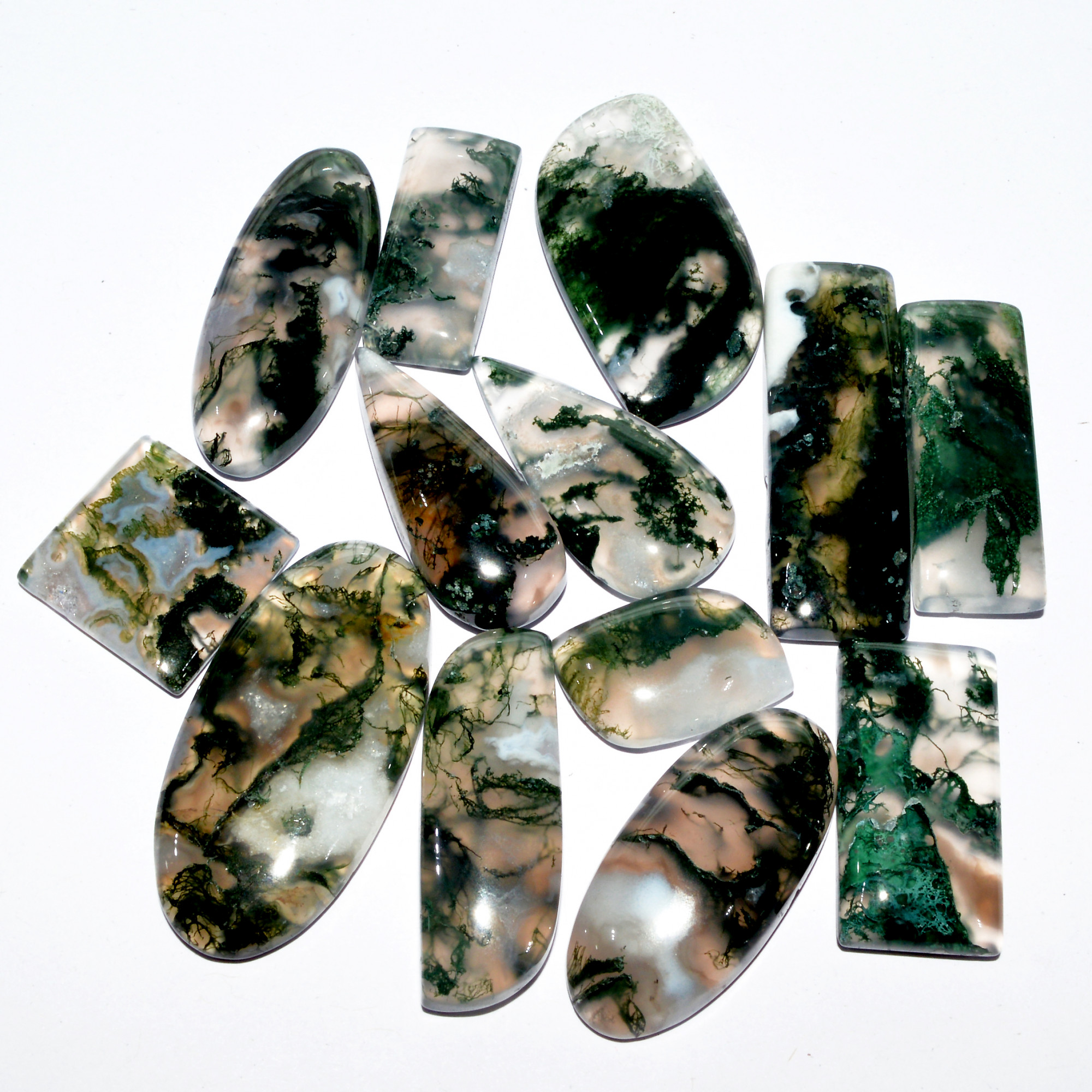 13 Pcs 235 Cts Natural Green Moss Agate Cabochon Mixed Shapes And Sizes Bohemian Jewelry Pendant Making Gemstone Lot 34x10 22x10mm 16657