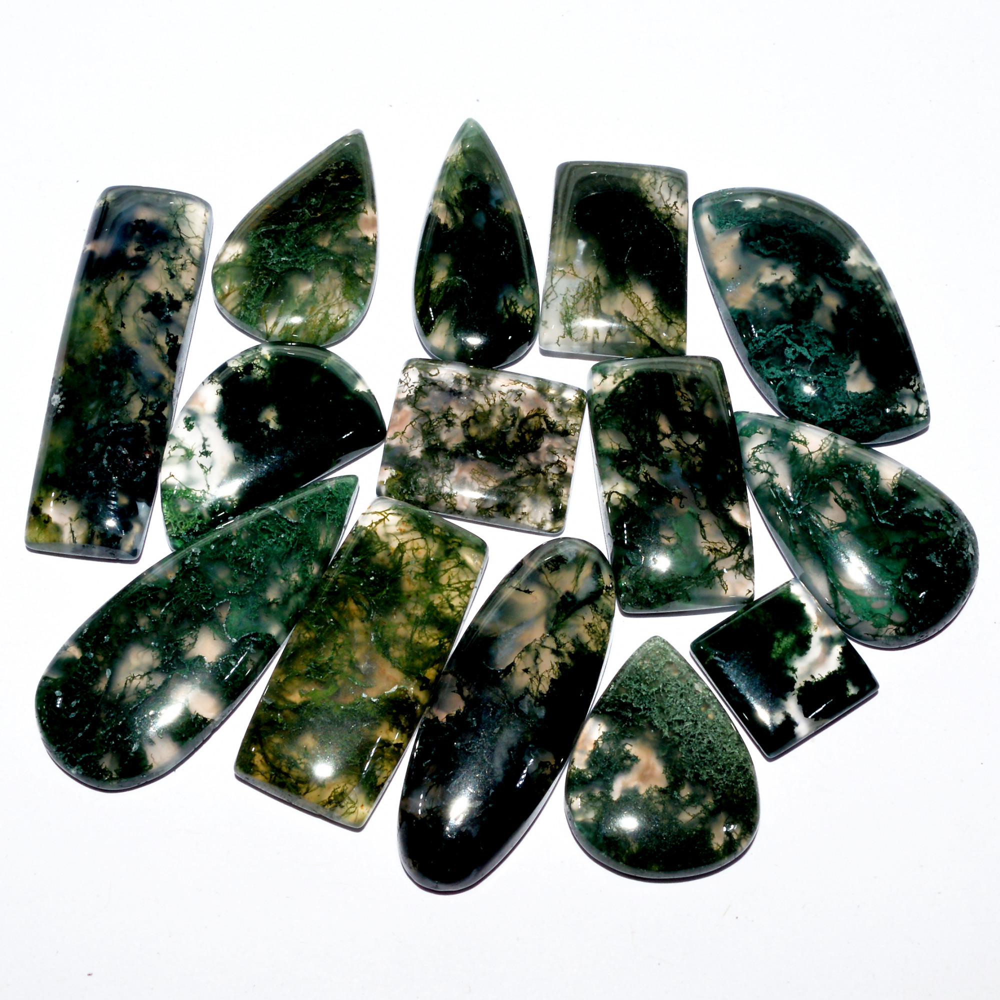 14 Pcs 200 Cts Natural Green Moss Agate Cabochon Mixed Shapes And Sizes Bohemian Jewelry Pendant Making Gemstone Lot 34x10 10x10mm 16658