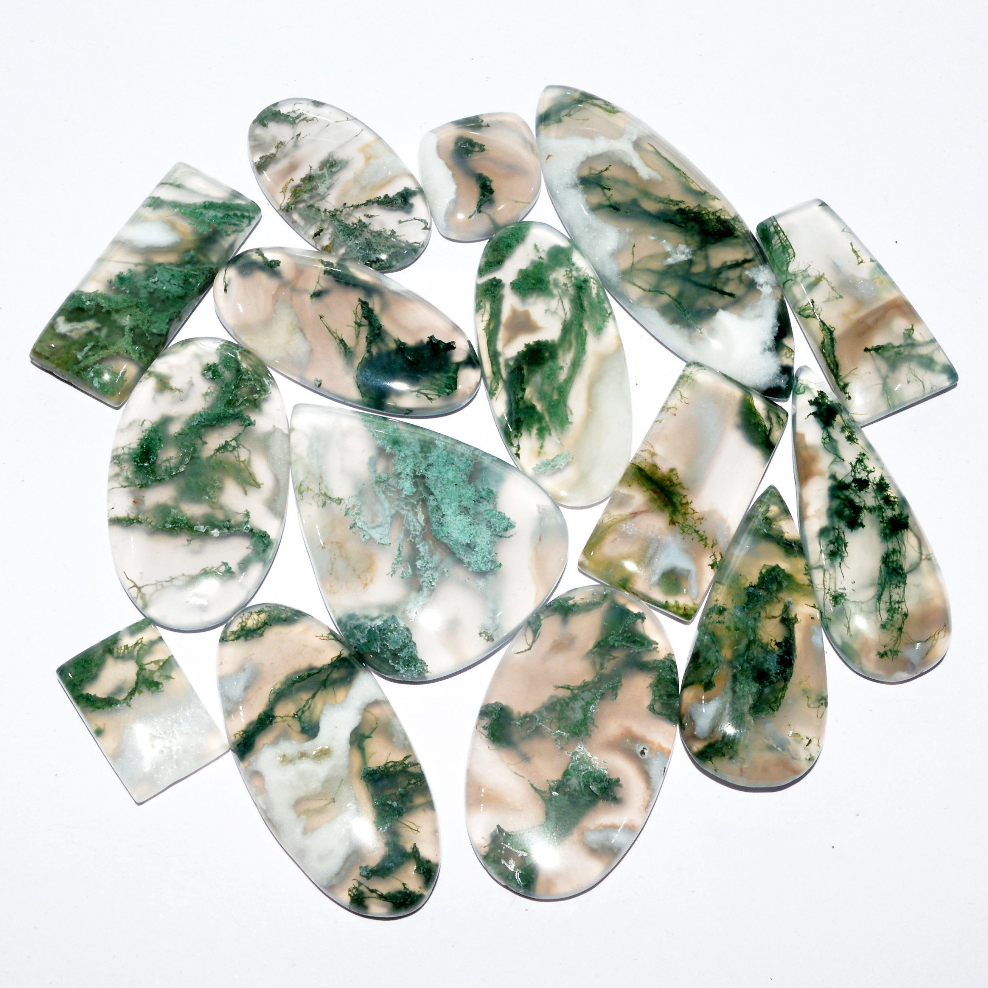 15 Pcs 293 Cts Natural Green Moss Agate Cabochon Mixed Shapes And Sizes Bohemian Jewelry Pendant Making Gemstone Lot 32x24 14x13mm 16659