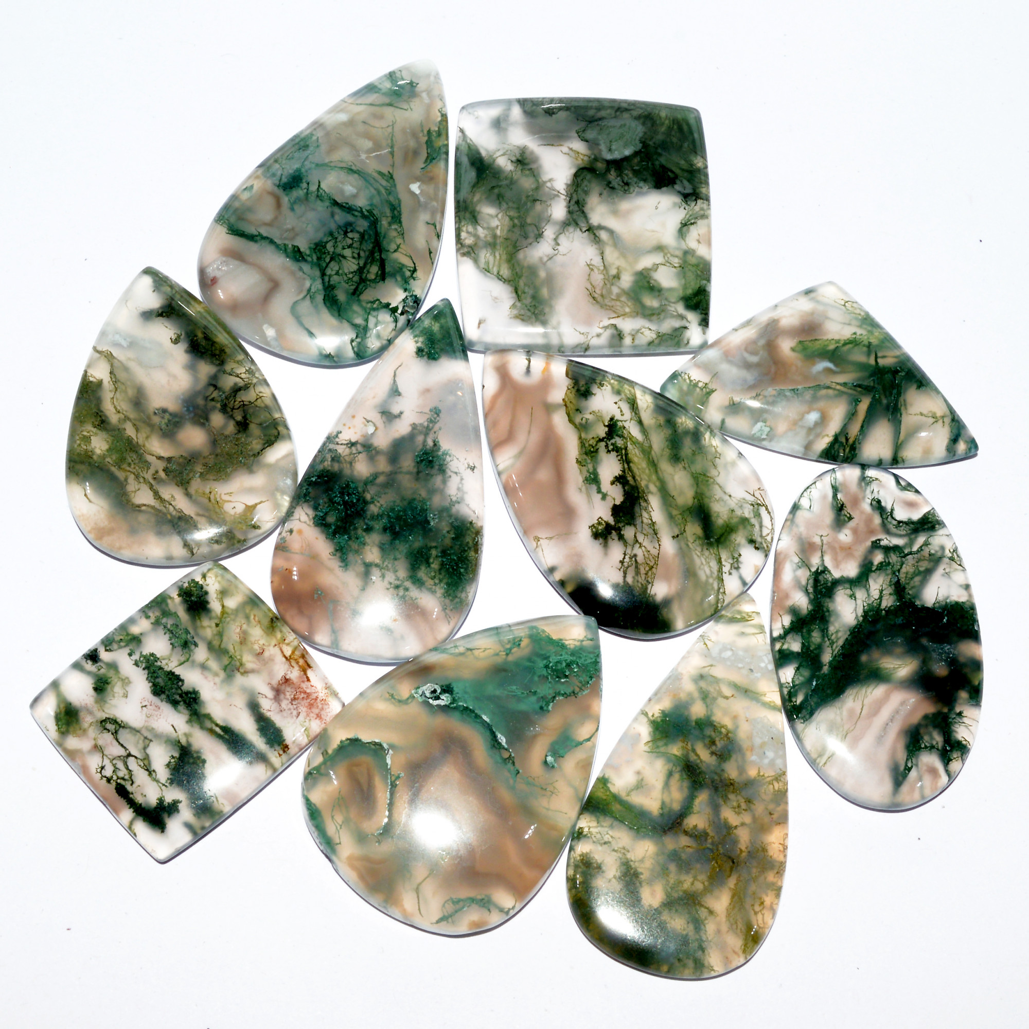 10 Pcs 341 Cts Natural Green Moss Agate Cabochon Mixed Shapes And Sizes Bohemian Jewelry Pendant Making Gemstone Lot 40x23 23x20mm 16661