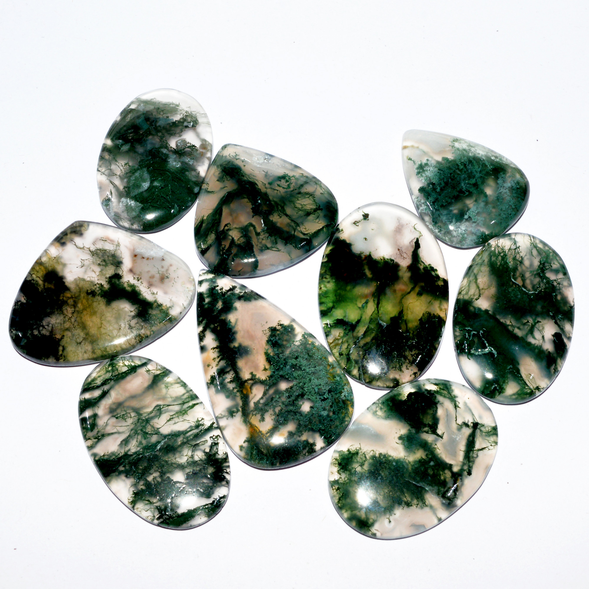 9 Pcs 273 Cts Natural Green Moss Agate Cabochon Mixed Shapes And Sizes Bohemian Jewelry Pendant Making Gemstone Lot 40x22 26x20mm 16662