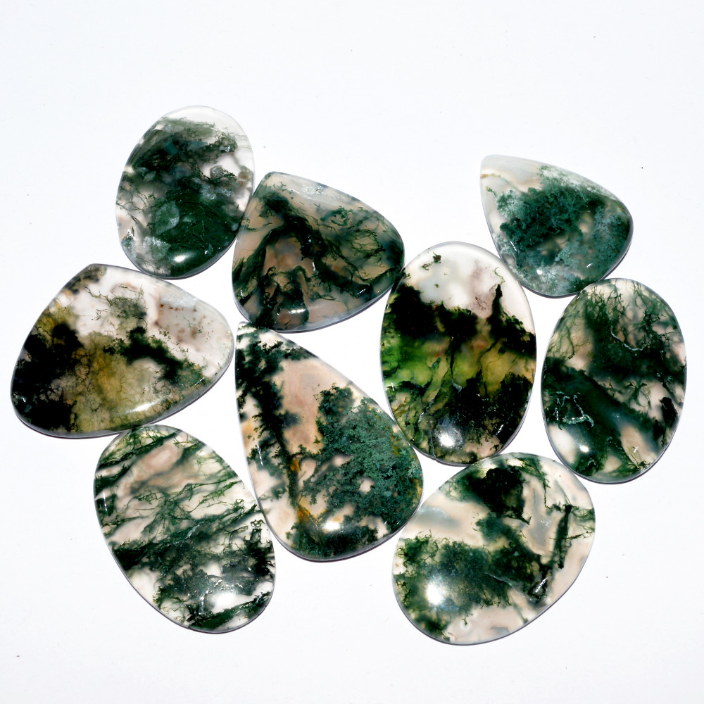 Image of 9 Pcs 273 Cts Natural Green Moss Agate Cabochon Mixed Shapes And Sizes Bohemian Jewelry Pendant Making Gemstone Lot 40x22 26x20mm #16662