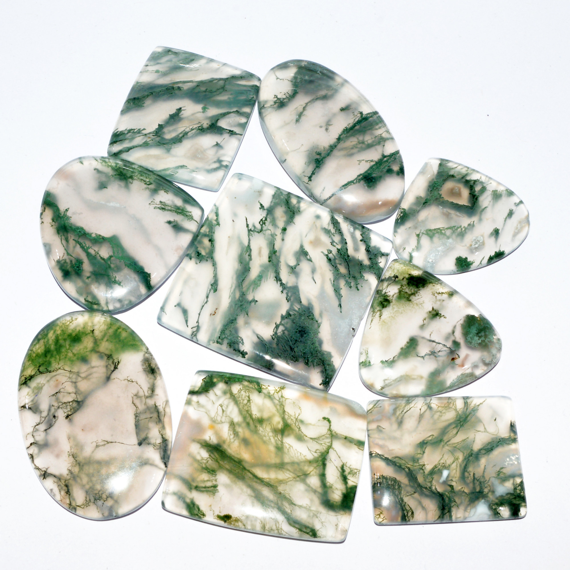 9 Pcs 331 Cts Natural Green Moss Agate Cabochon Mixed Shapes And Sizes Bohemian Jewelry Pendant Making Gemstone Lot 33x33 25x25mm 16663