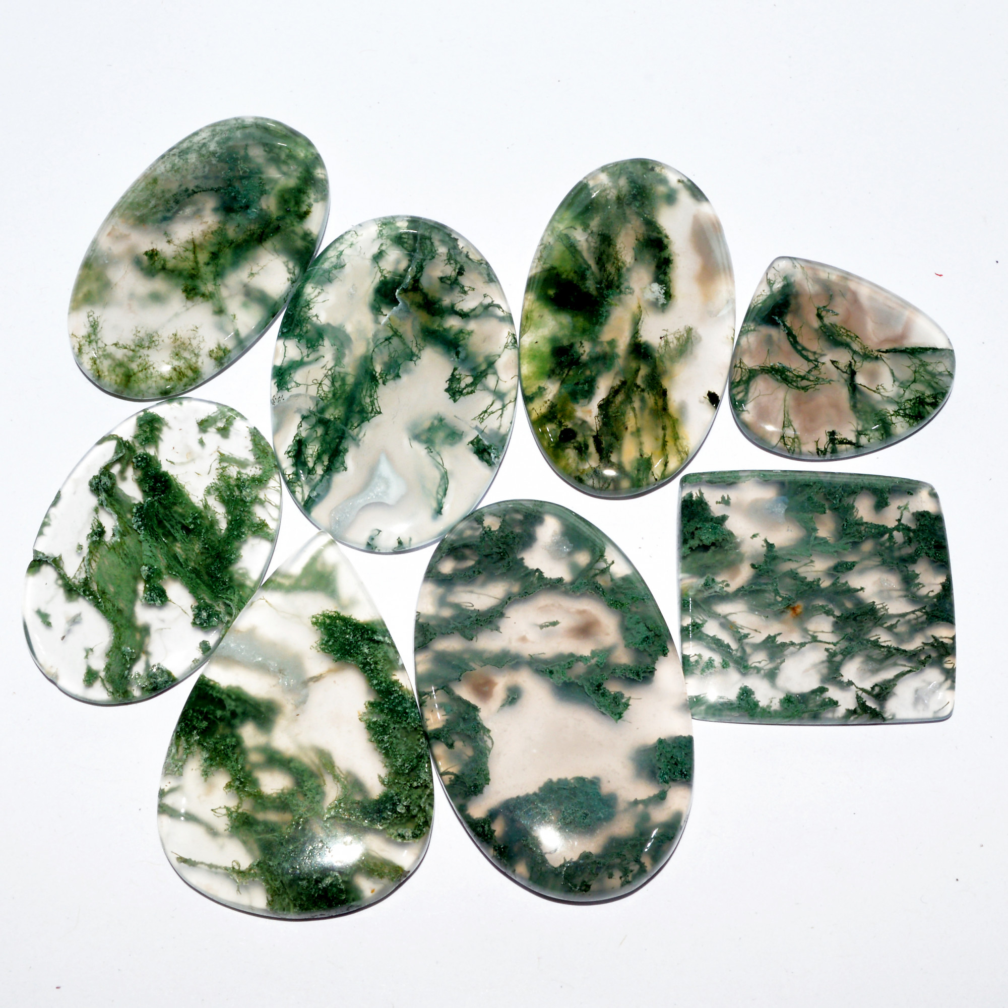 8 Pcs 263 Cts Natural Green Moss Agate Cabochon Mixed Shapes And Sizes Bohemian Jewelry Pendant Making Gemstone Lot 36x24 24x23mm 16664