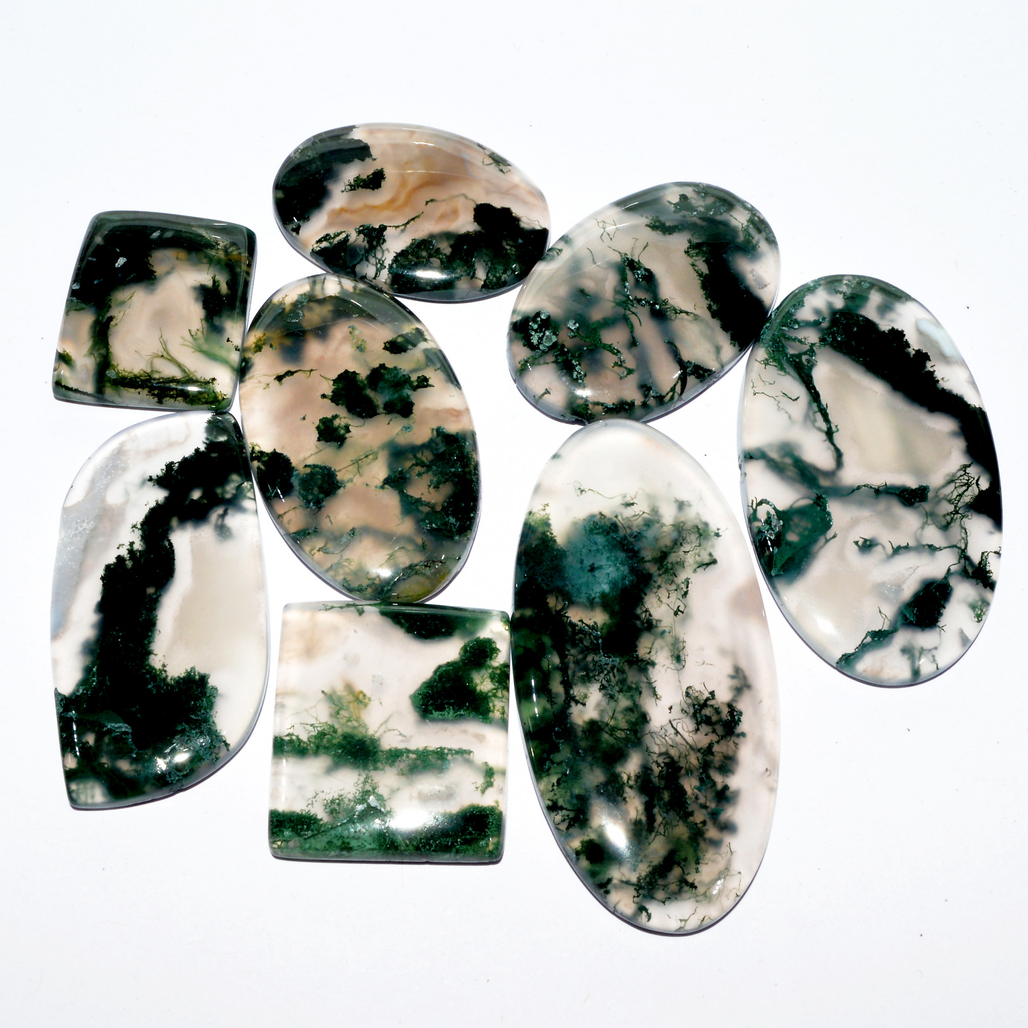 8 Pcs 301 Cts Natural Green Moss Agate Cabochon Mixed Shapes And Sizes Bohemian Jewelry Pendant Making Gemstone Lot 50x24 20x18mm 16665