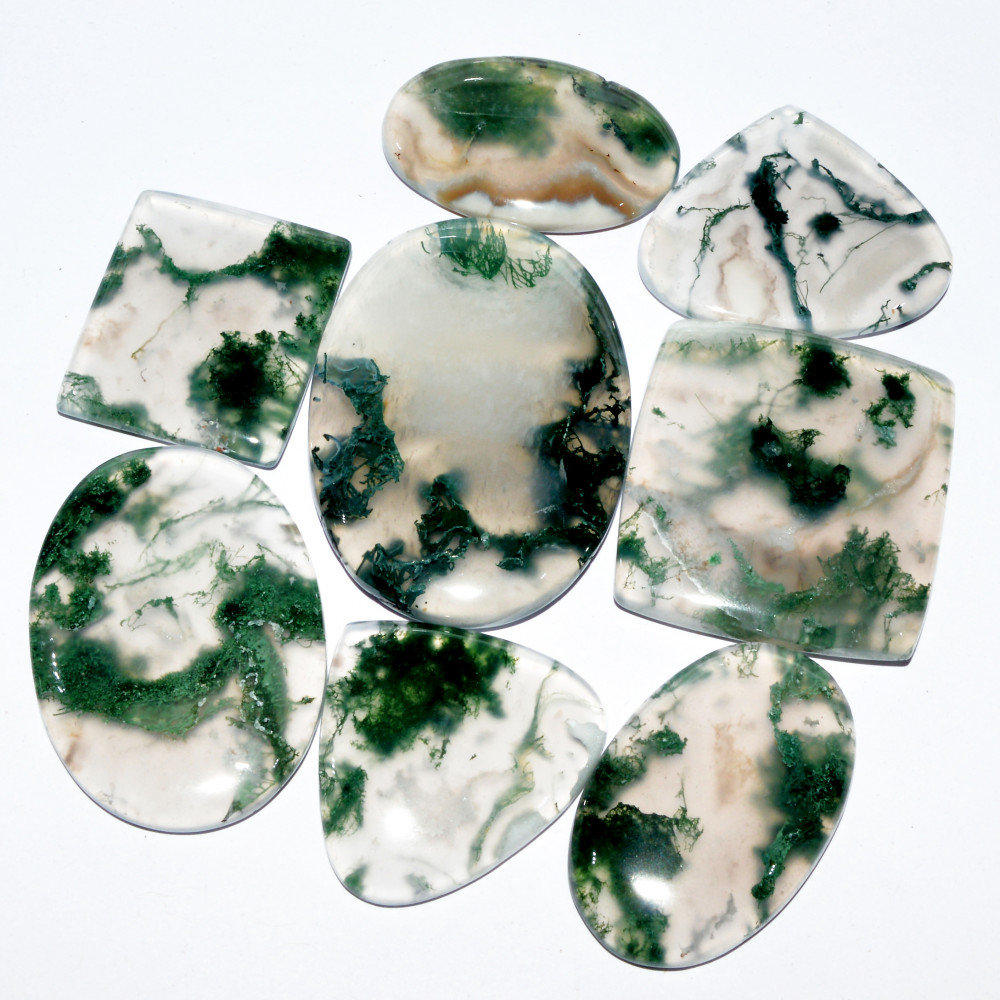 Image of 8 Pcs 285 Cts Natural Green Moss Agate Cabochon Mixed Shapes And Sizes Bohemian Jewelry Pendant Making Gemstone Lot 40x29 24x20mm #16666